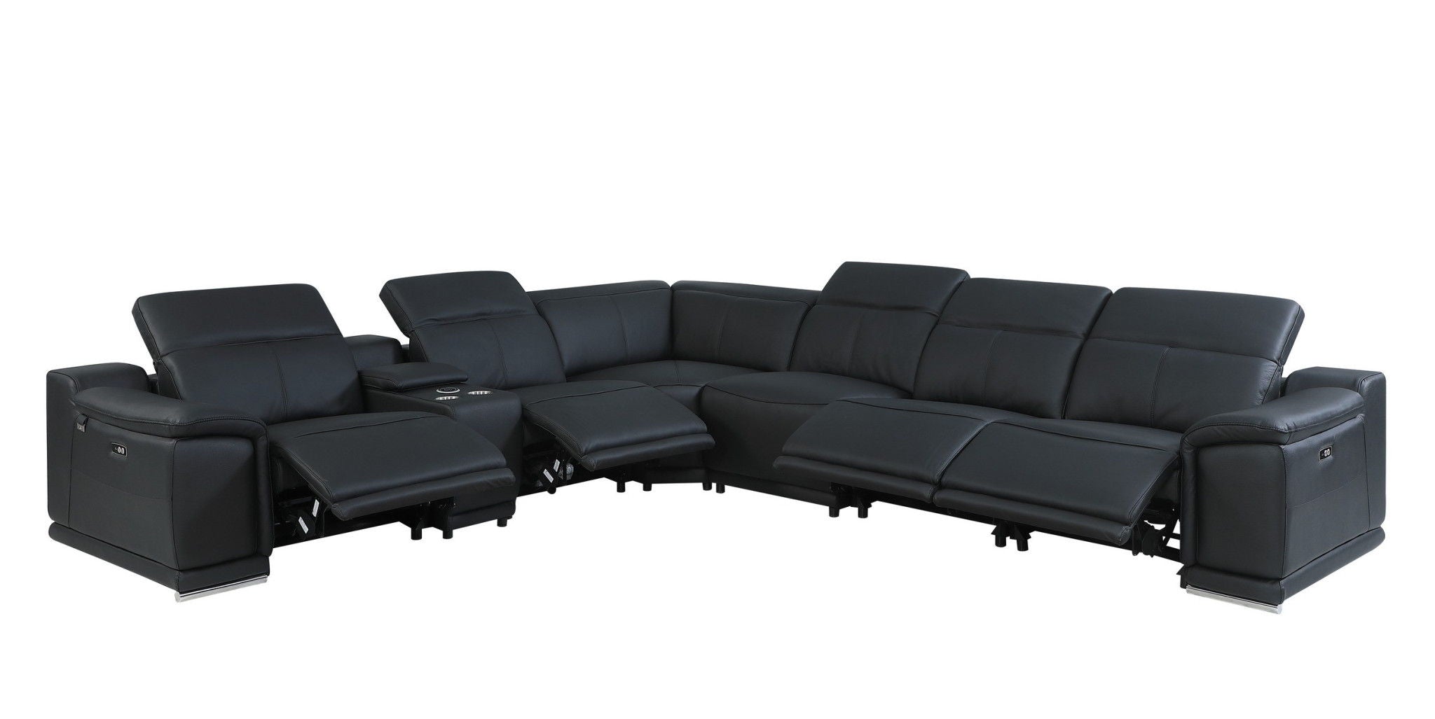 Italian Leather U Shaped Power Reclining Seven Piece Corner Sectional With Console - Black