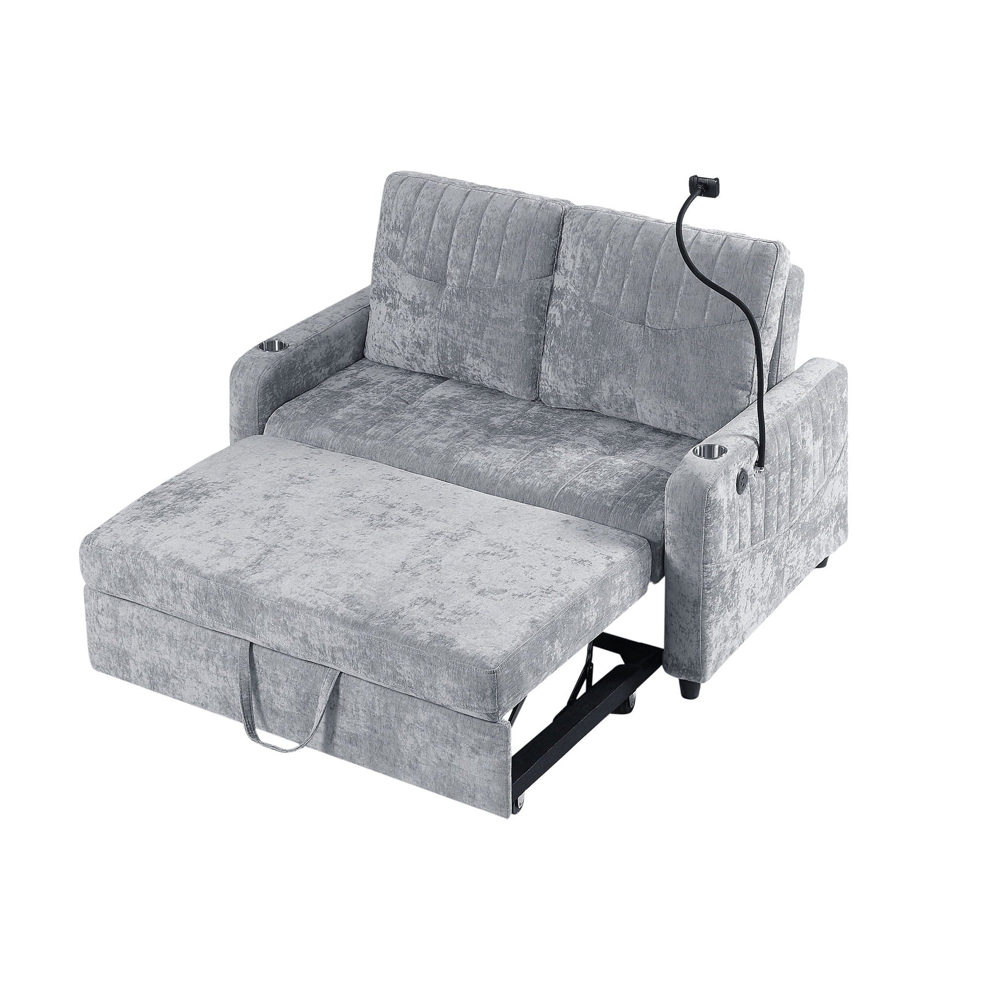 Modern Loveseat Pull Out Sofa Bed With Adjustable Backrest, Two Cup Holders, A Phone Holder, Three Charging Ports And Side Storage Pockets For Living Room