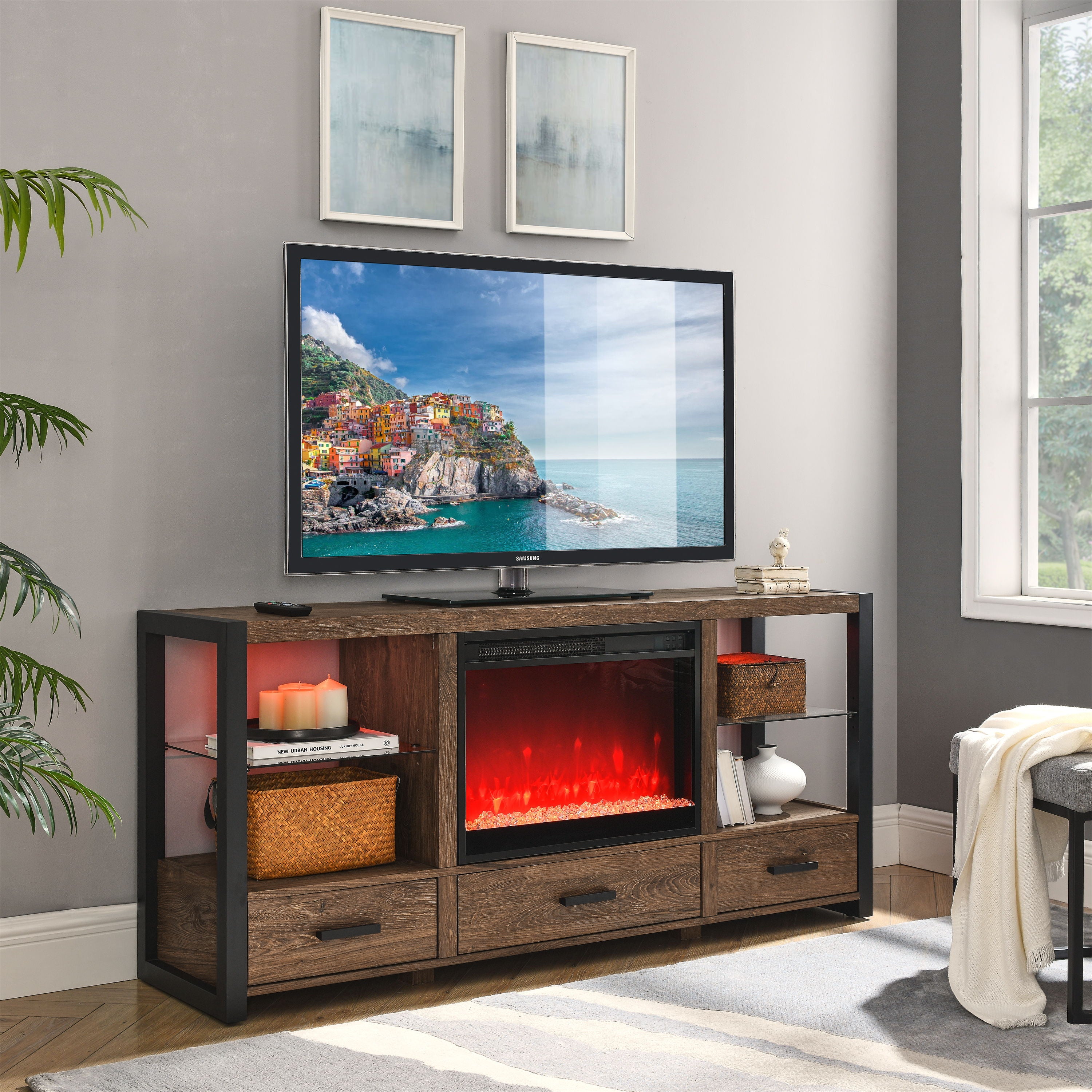 Electric Fireplace Media TV Stand With Sync Colorful LED Lights