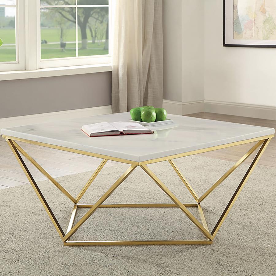 Meryl - Square Faux Marble Top Coffee Table - White And Gold by CoasterEssence | Bel Furniture