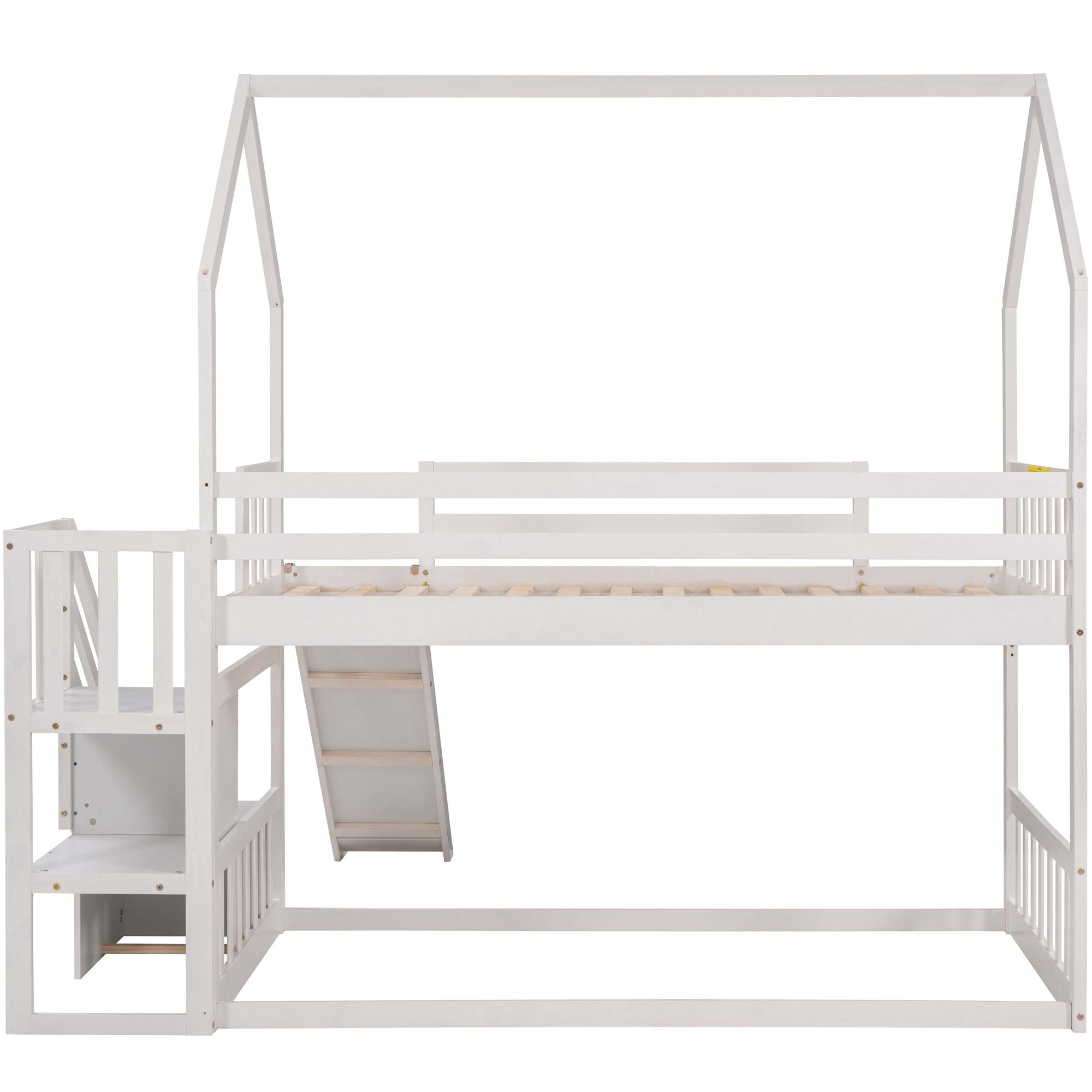 Twin Over Twin House Bunk Bed With Convertible Slide, Storage Staircase