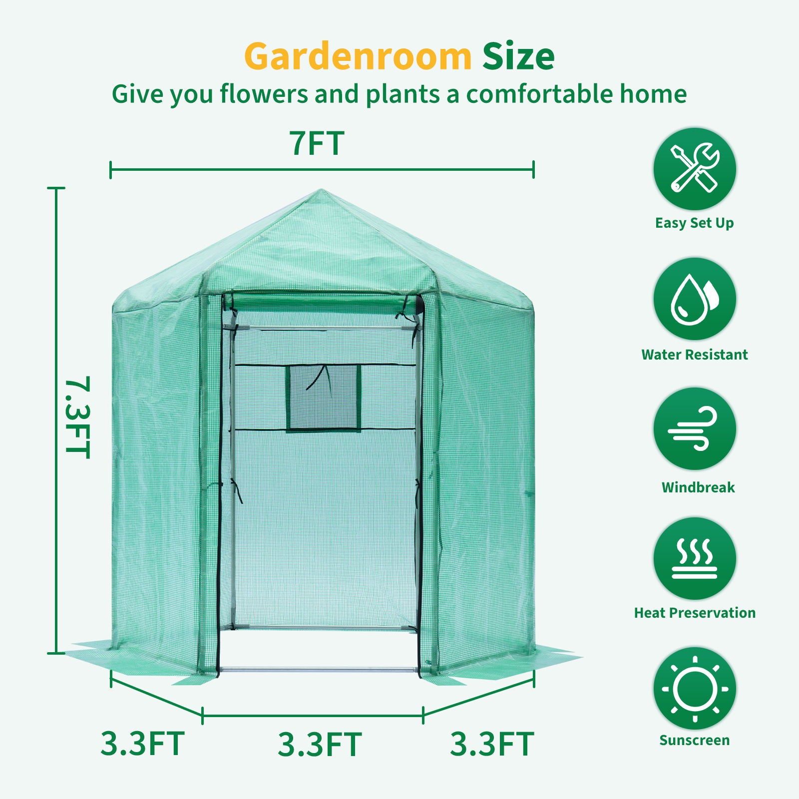 Walk-in Greenhouse Hexagonal Upgrade Reinforced Frame Heavy Duty Plastic Greenhouse Reinforced Thickened Waterproof Insulation (6.9*7.5 ft) - Green