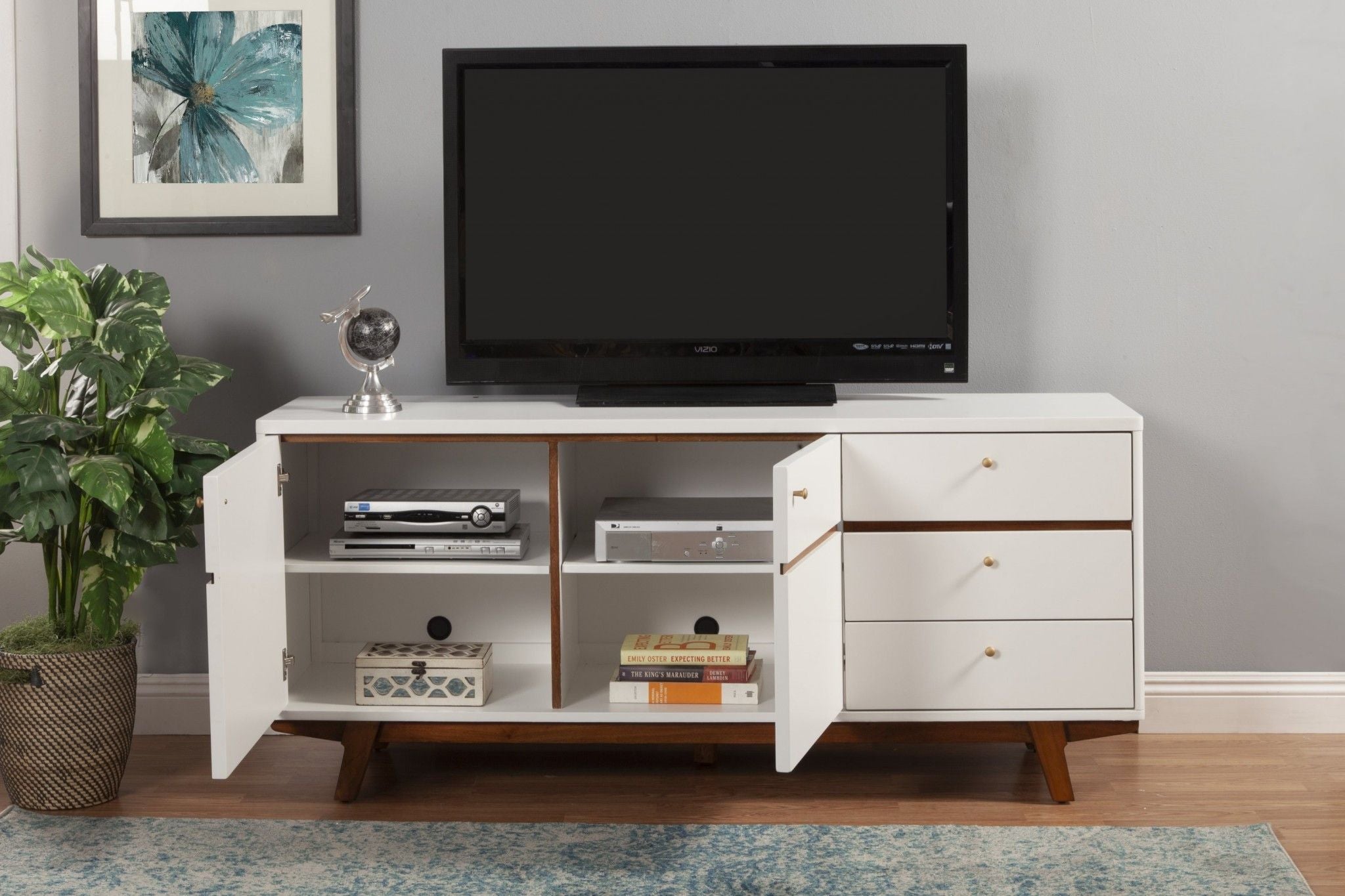 Mahogany Solids And Veneer Cabinet Enclosed Storage TV Stand - White