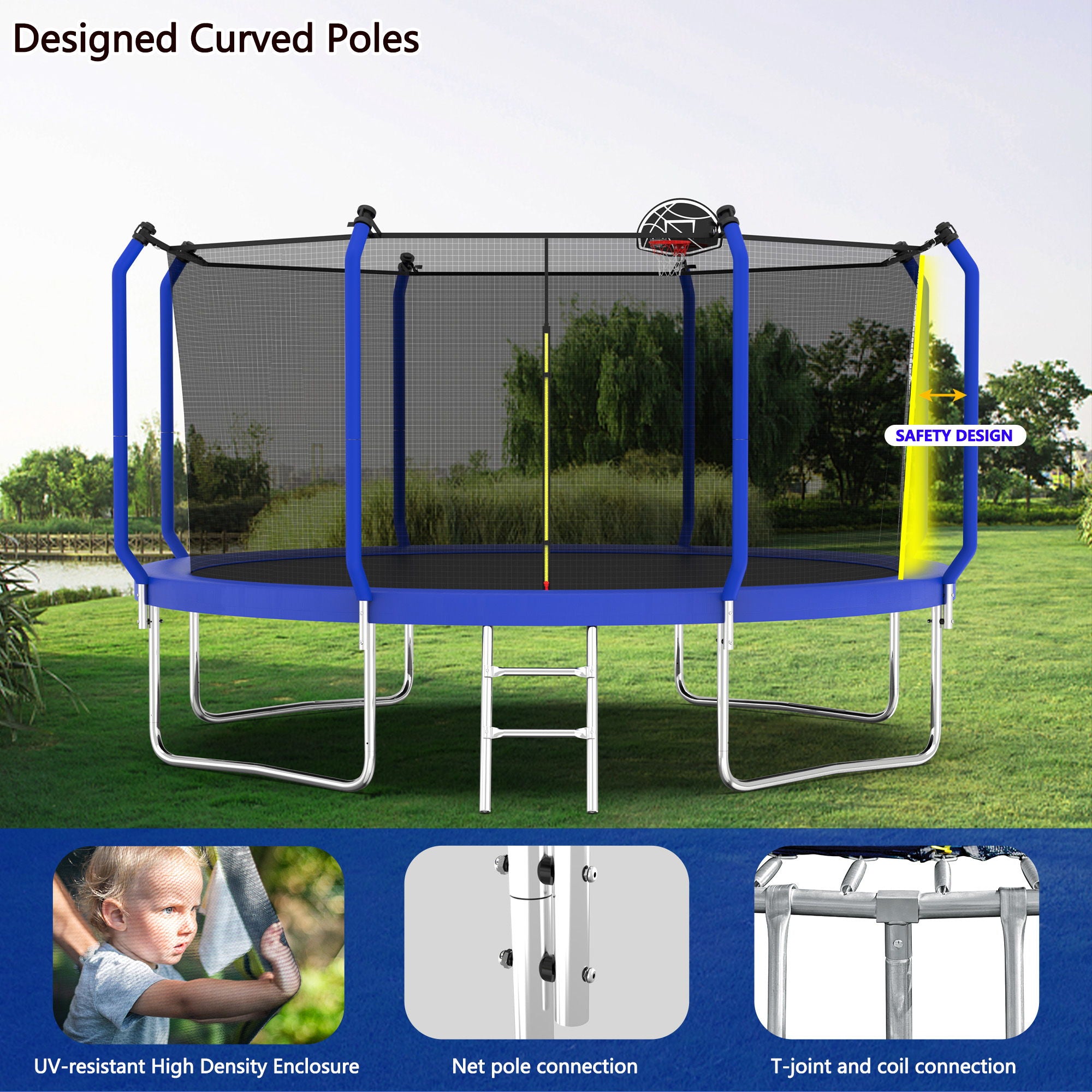 Trampoline With Basketball Hoop, Astm Approved Reinforced Type Outdoor Trampoline With Enclosure Net