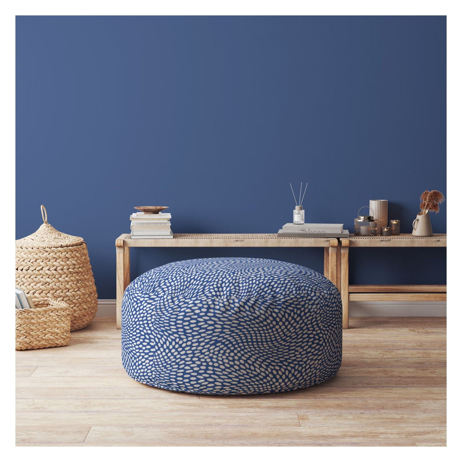 Canvas Round Polka Dots Pouf Ottoman - Blue / White