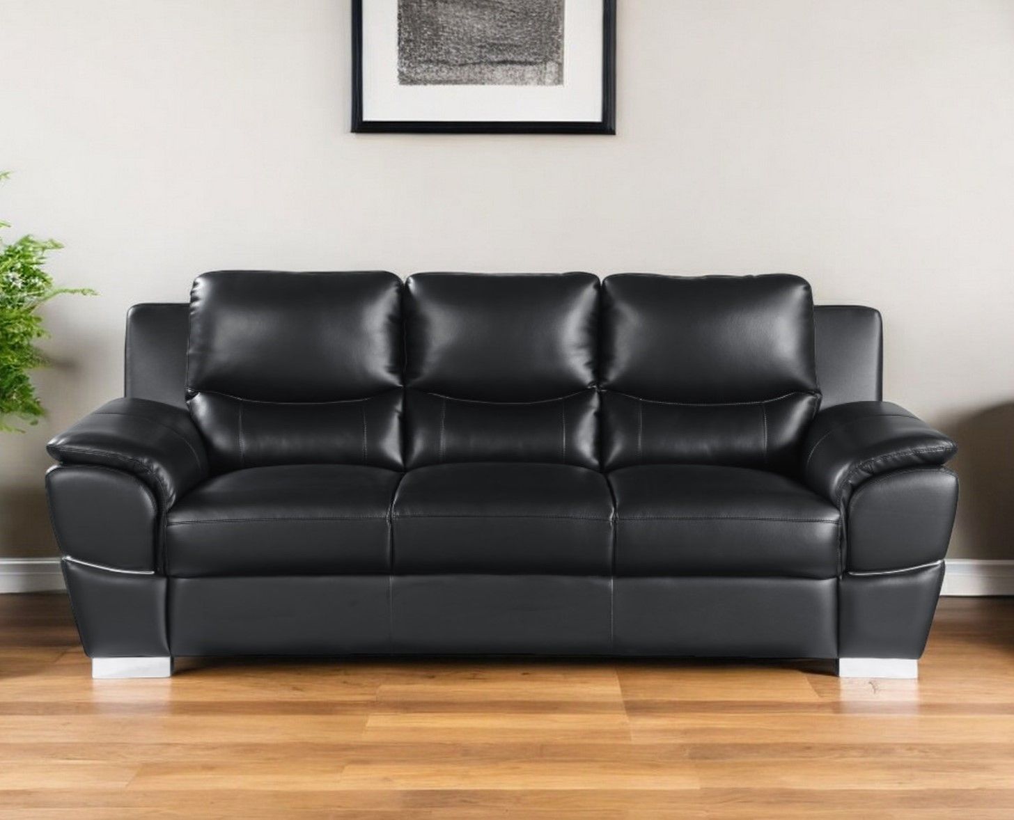 Sofa Leather With Silver Legs - Black