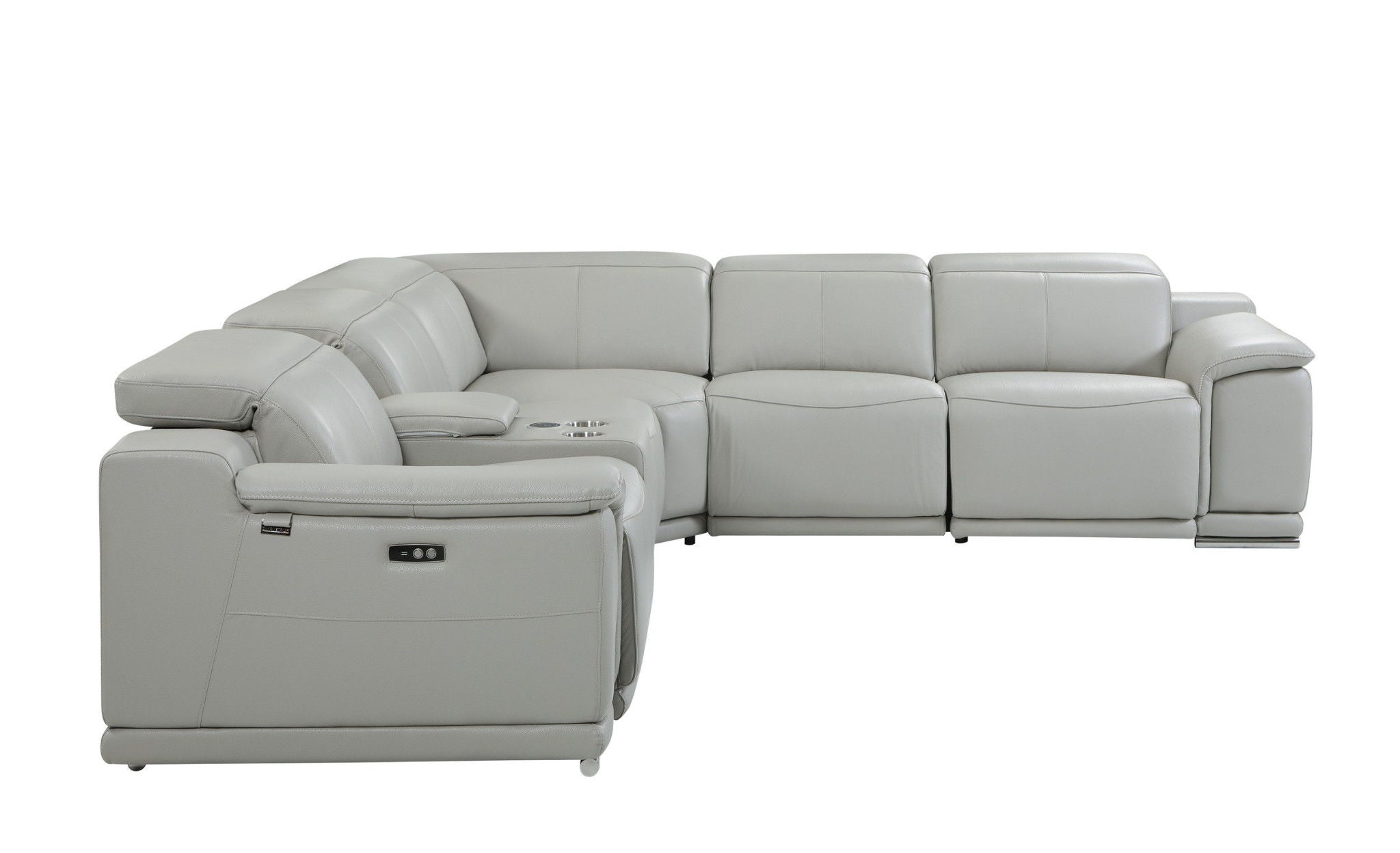 Italian Leather Power Reclining U Shaped Six Piece Corner Sectional With Console - Light Gray