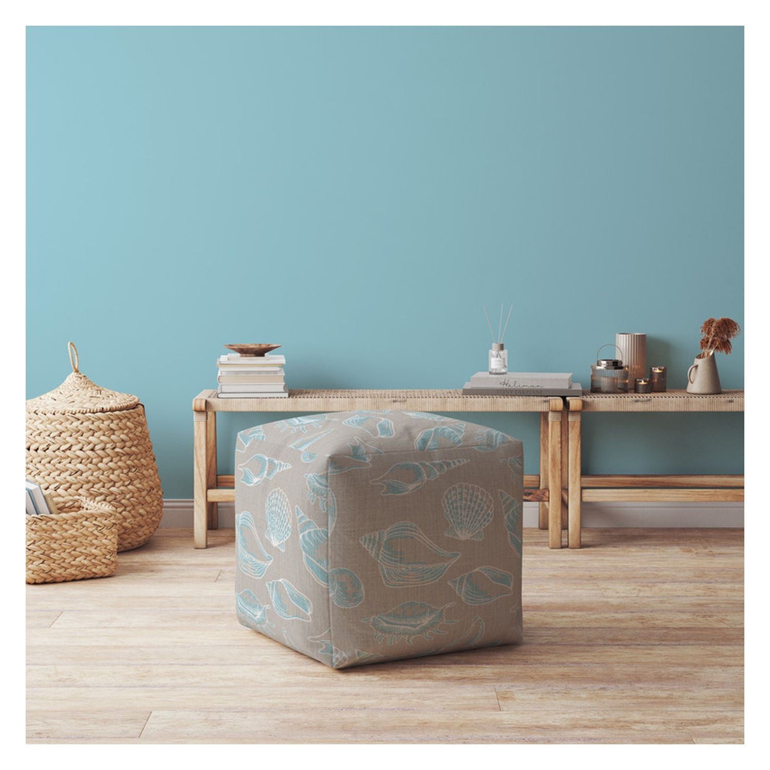 Canvas Seashell Pouf Cover - Blue