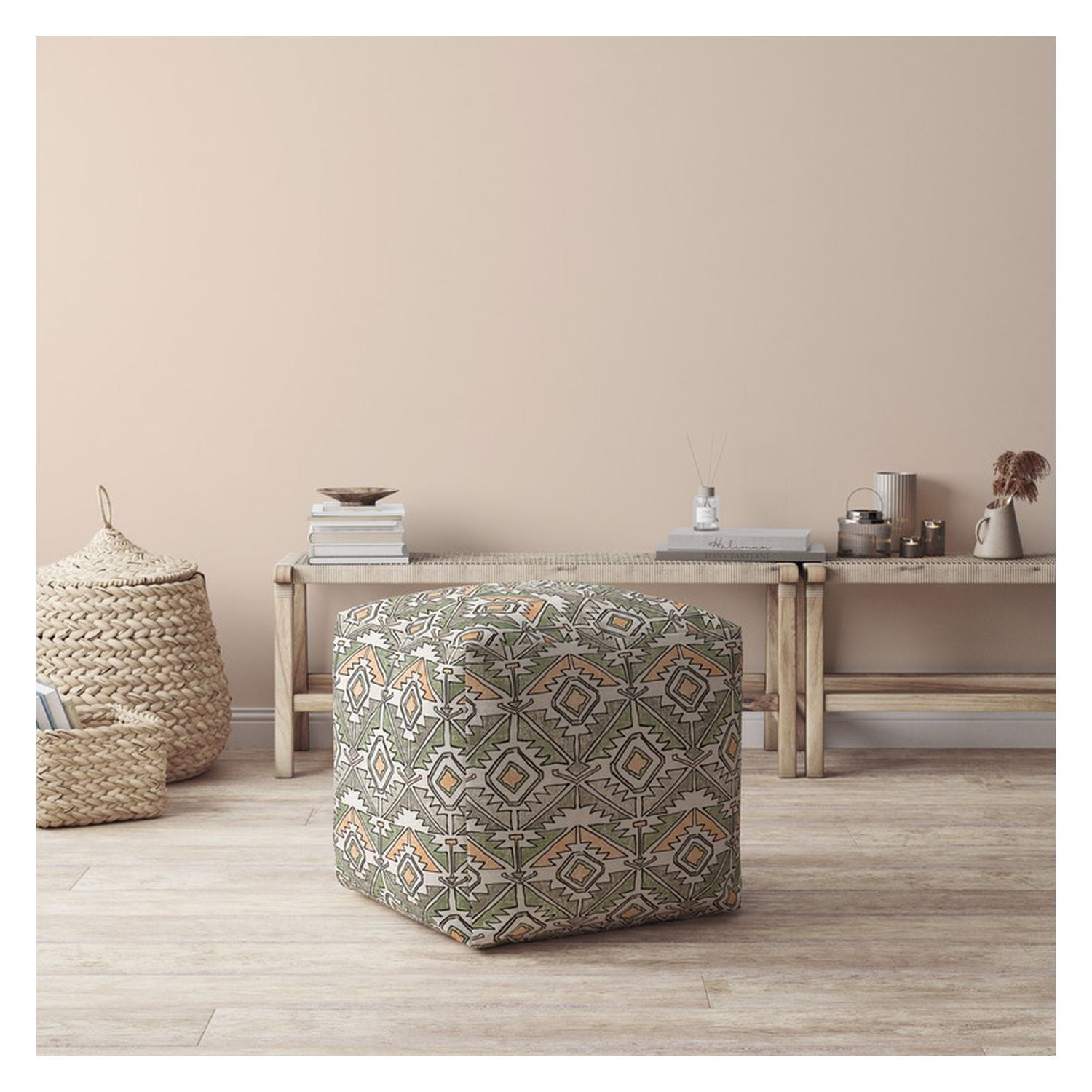 Cotton Damask Pouf Ottoman - Orange