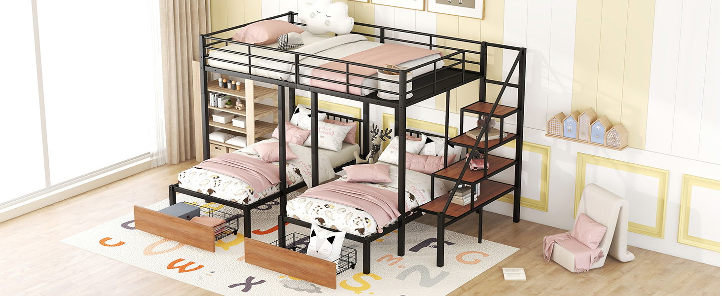 Full Over Twin-Twin Triple Bunk Bed With Drawers And Staircase - Black