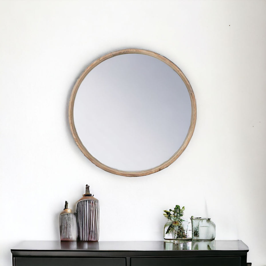 28" Wood Frame Round Wall Mounted Accent Mirror - Natural Rustic Brown