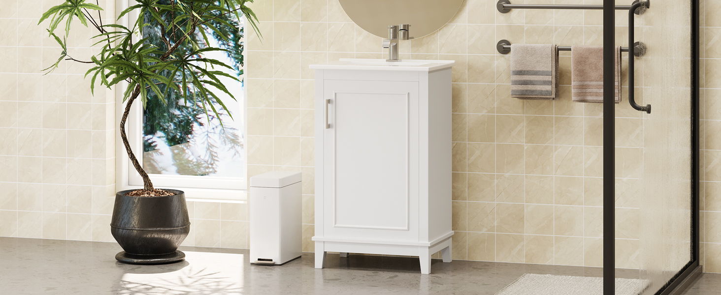 Modern Small Bathroom Vanity Cabinet With Ceramic Basin, Ample Storage, 1 Soft Close Door