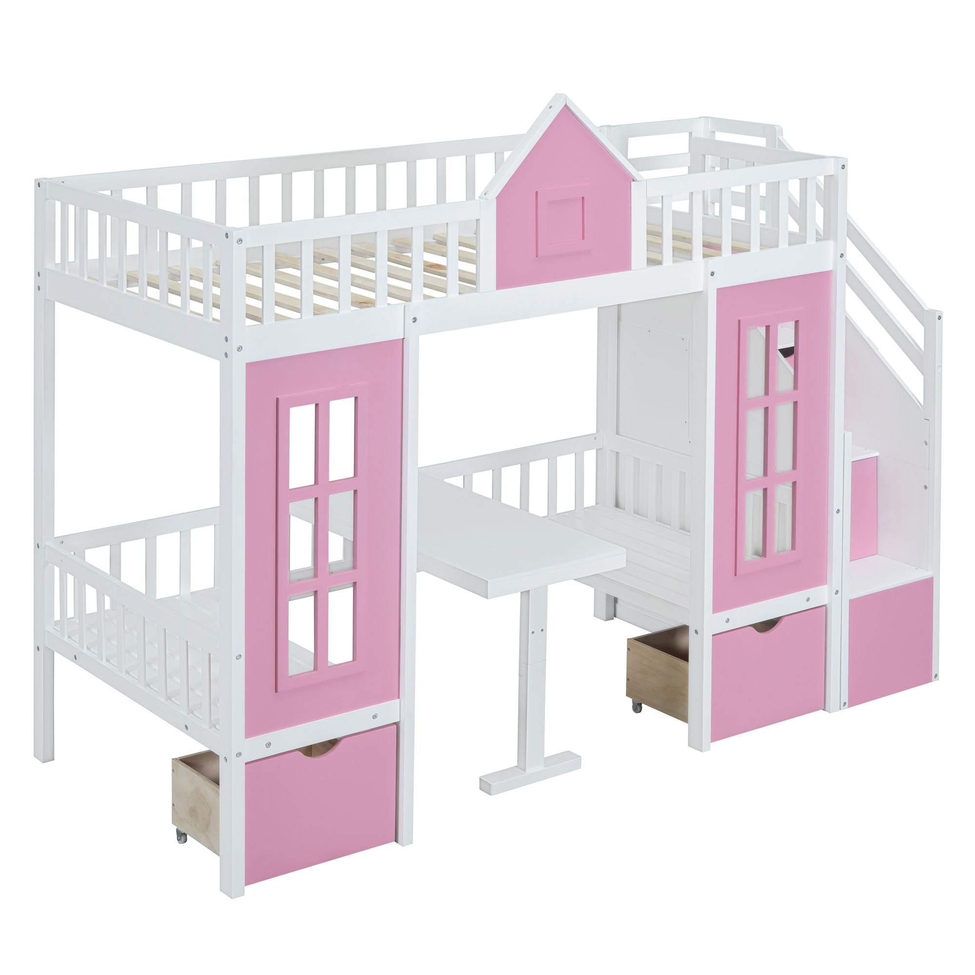 Twin Over Twin Bunk Bed With Changeable Table, Bunk Bed Turn Into Upper Bed And Down Desk