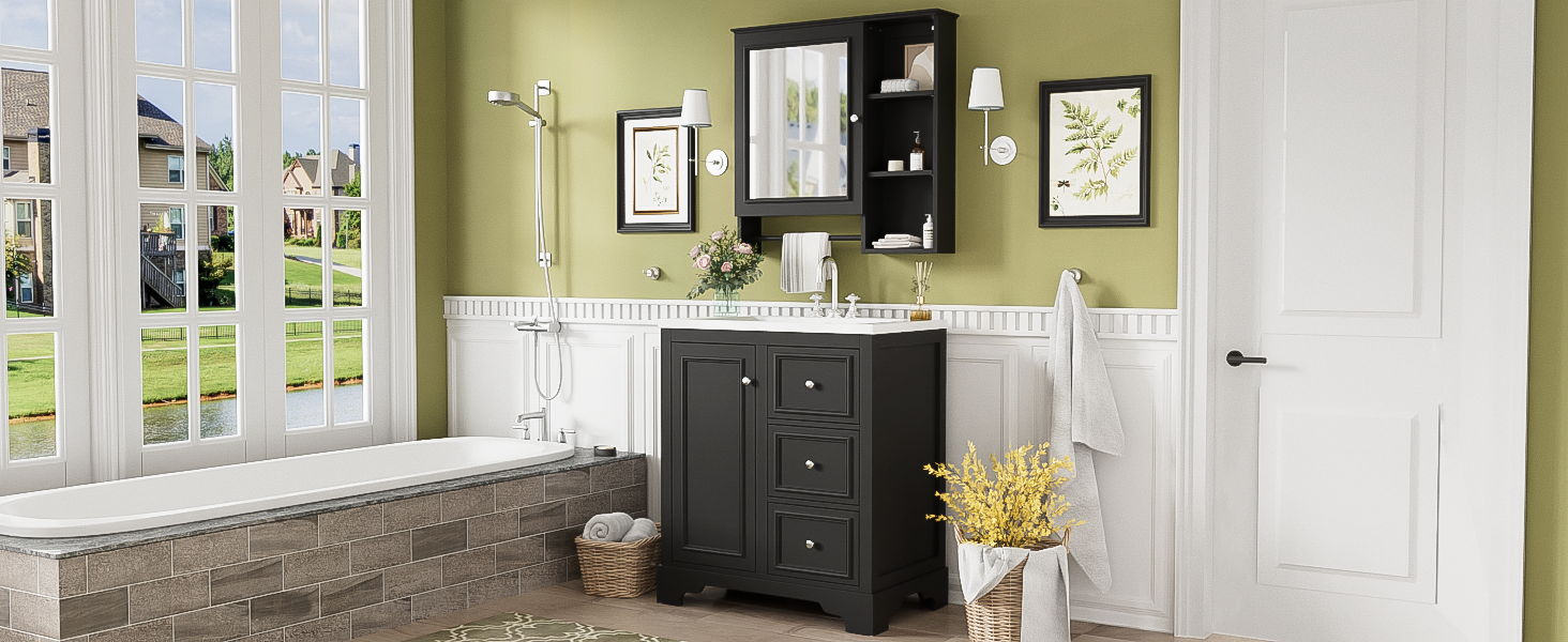 Bathroom Vanity With Sink, Modern Elegant Bathroom Storage Cabinet With 3 Drawers And Adjustable Shelves, Freestanding Vanity Set With Mirror Cabinet, Single Sink Bathroom Vanity