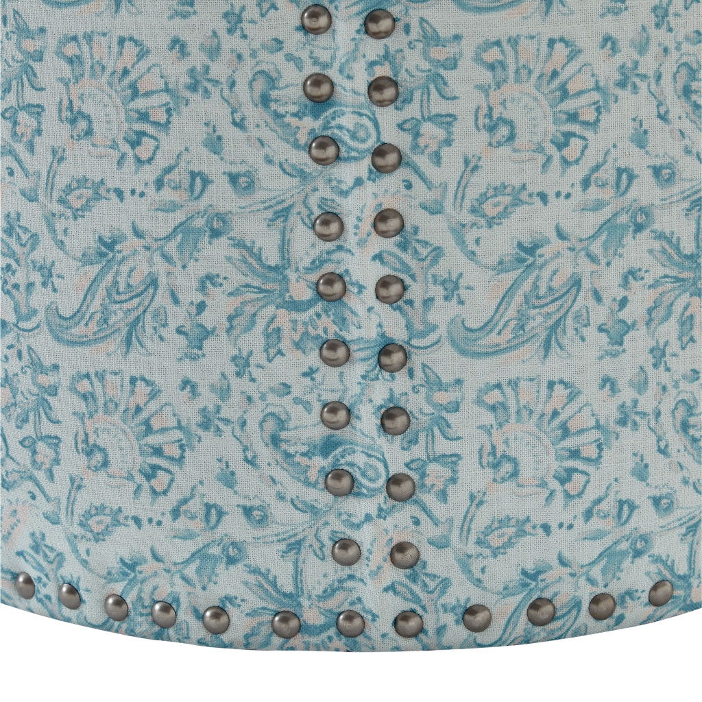 Linen Round Floral Ottoman - Blue