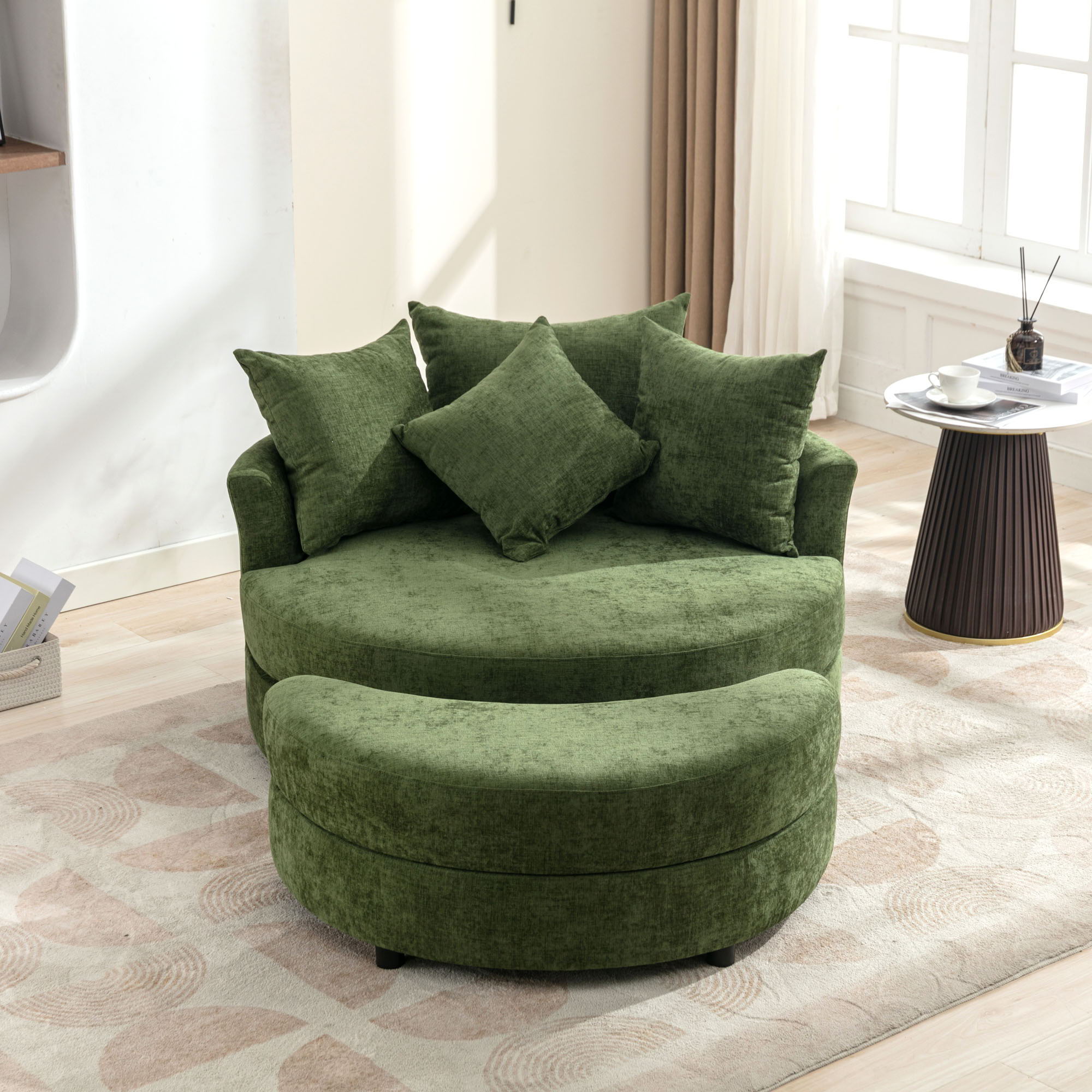 360° Swivel Accent Barrel Chair With Storage Ottoman & 4 Pillows, Modern Chenille Leisure Chair Round Accent For Living Room