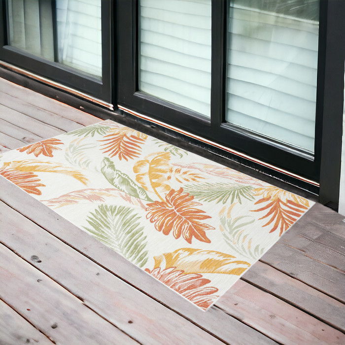 2' X 3' Palm Leaf Stain Resistant Indoor / Outdoor Area Rug - Ivory Green / Orange