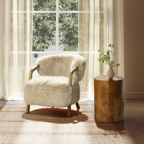 Becker Rustic Oak Sheepskin Upholstered Accent Arm Chair Taupe Beige