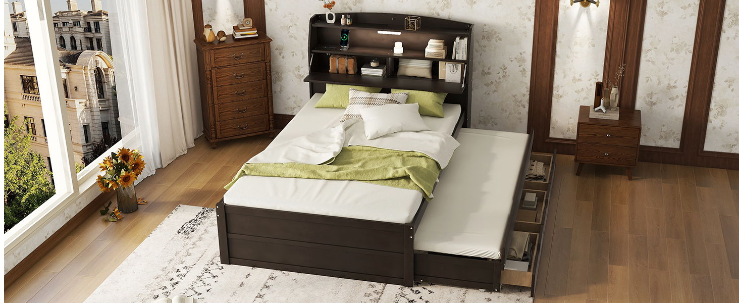 Wooden LED Platform Bed With Trundle, With Storage Headboard, With Drawers