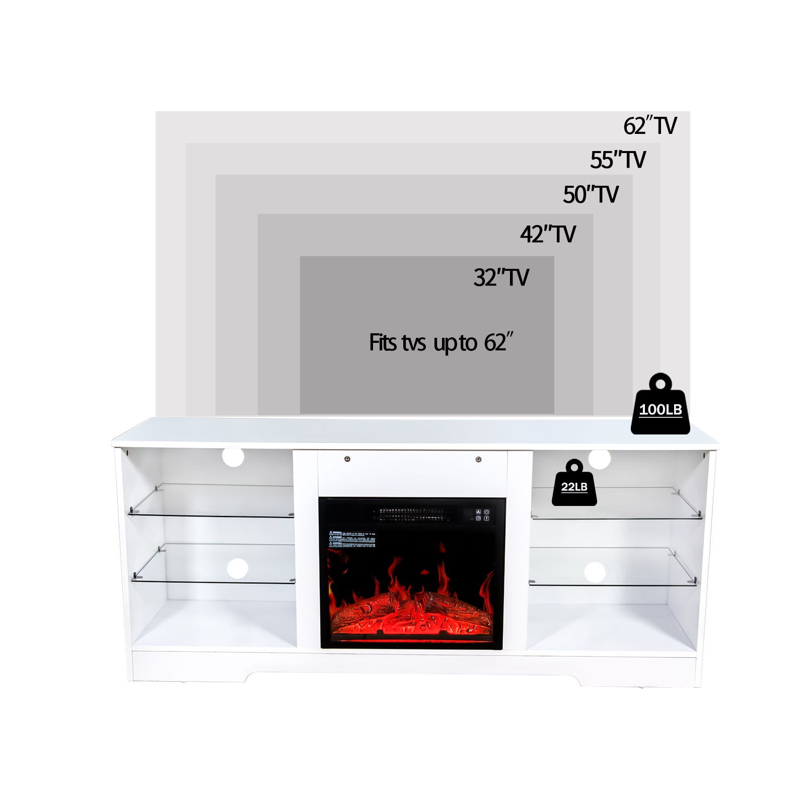 57.8" Fireplace TV Stand With 18" Electric Fireplace Heater, Modern Entertainment Center For TVs Up To 62" With Adjustable Glass Shelves And Storage Cabinets