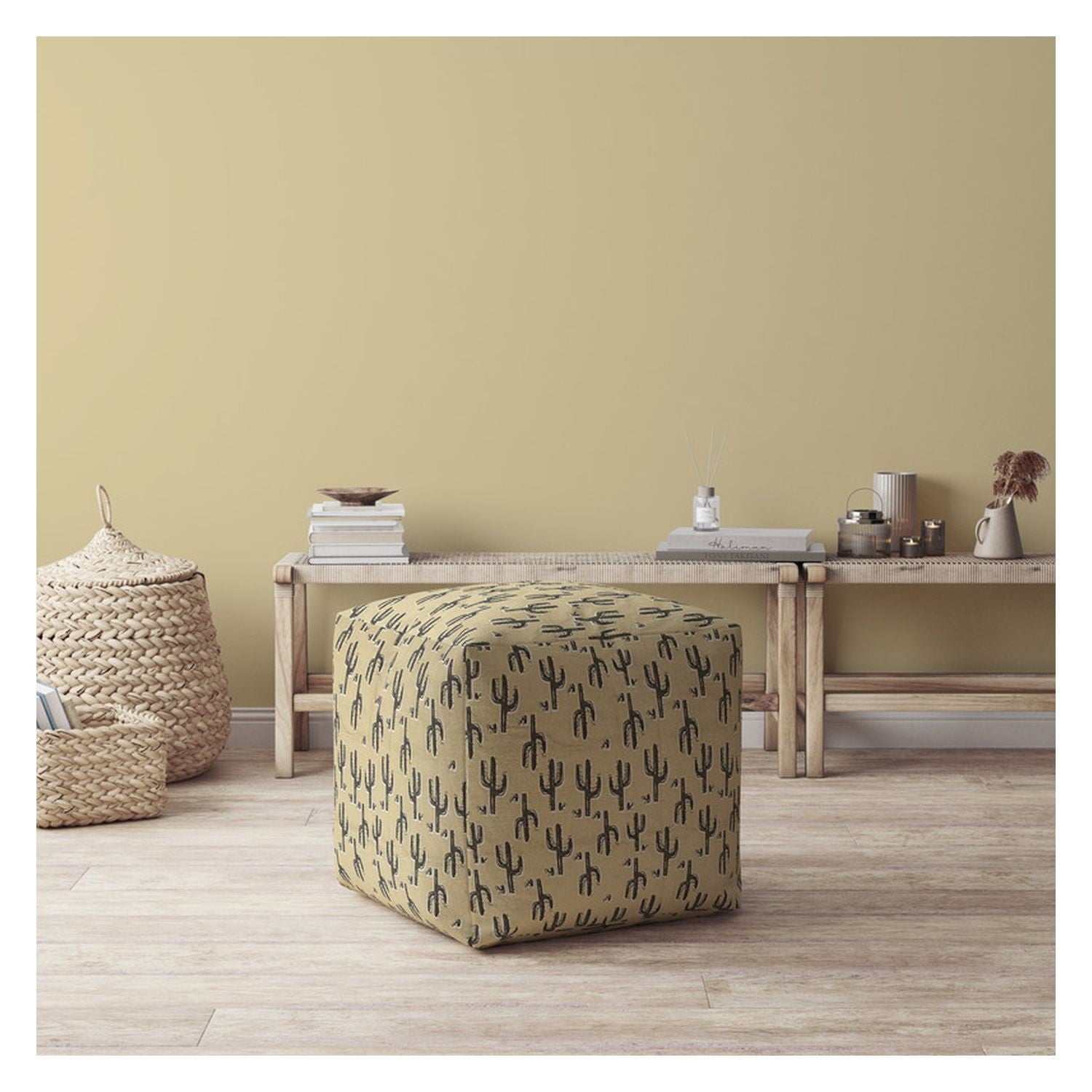 Cotton Floral Pouf Ottoman - Beige