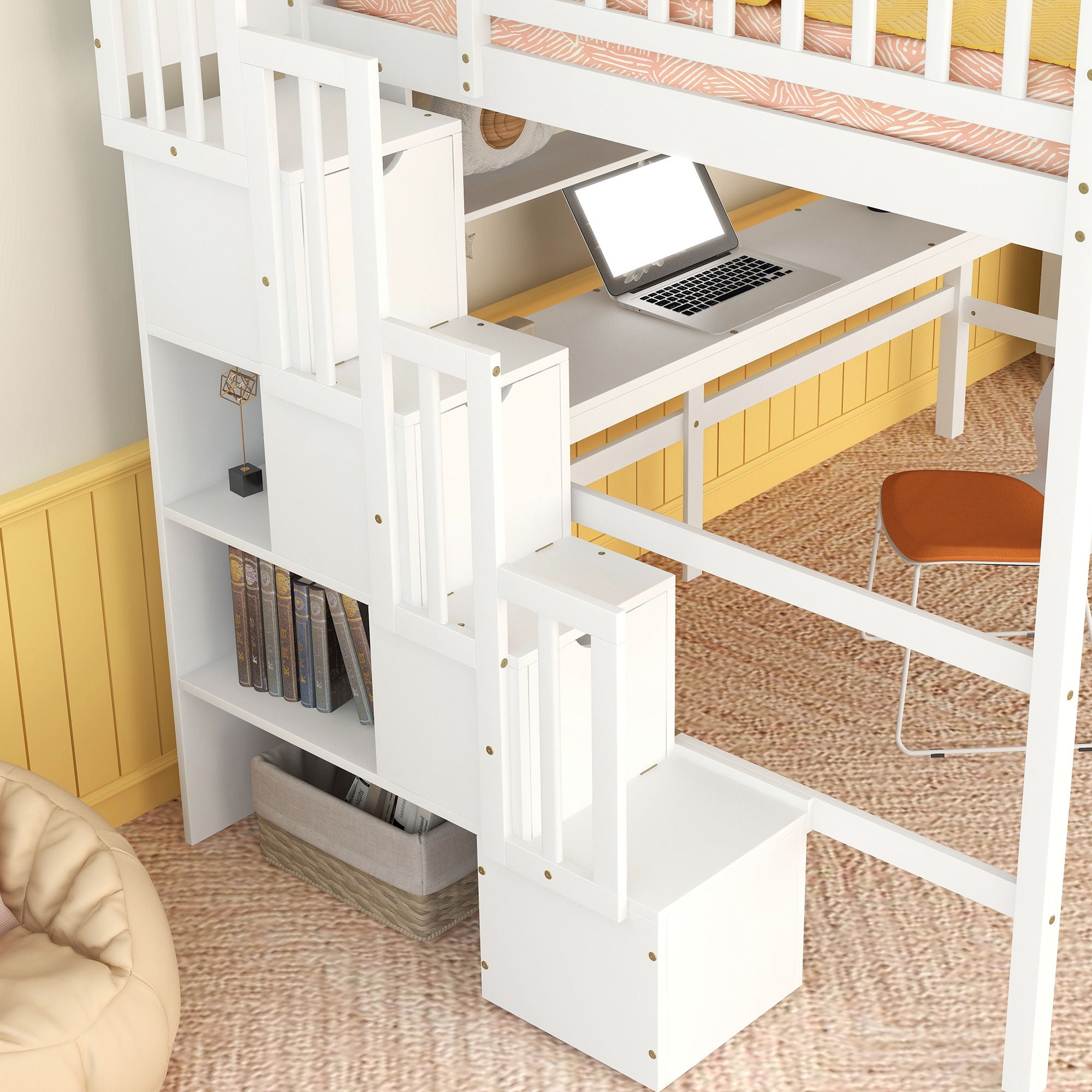 High Loft Bed With Built-In Desk, Ladder Platform, Ladders, Guardrails