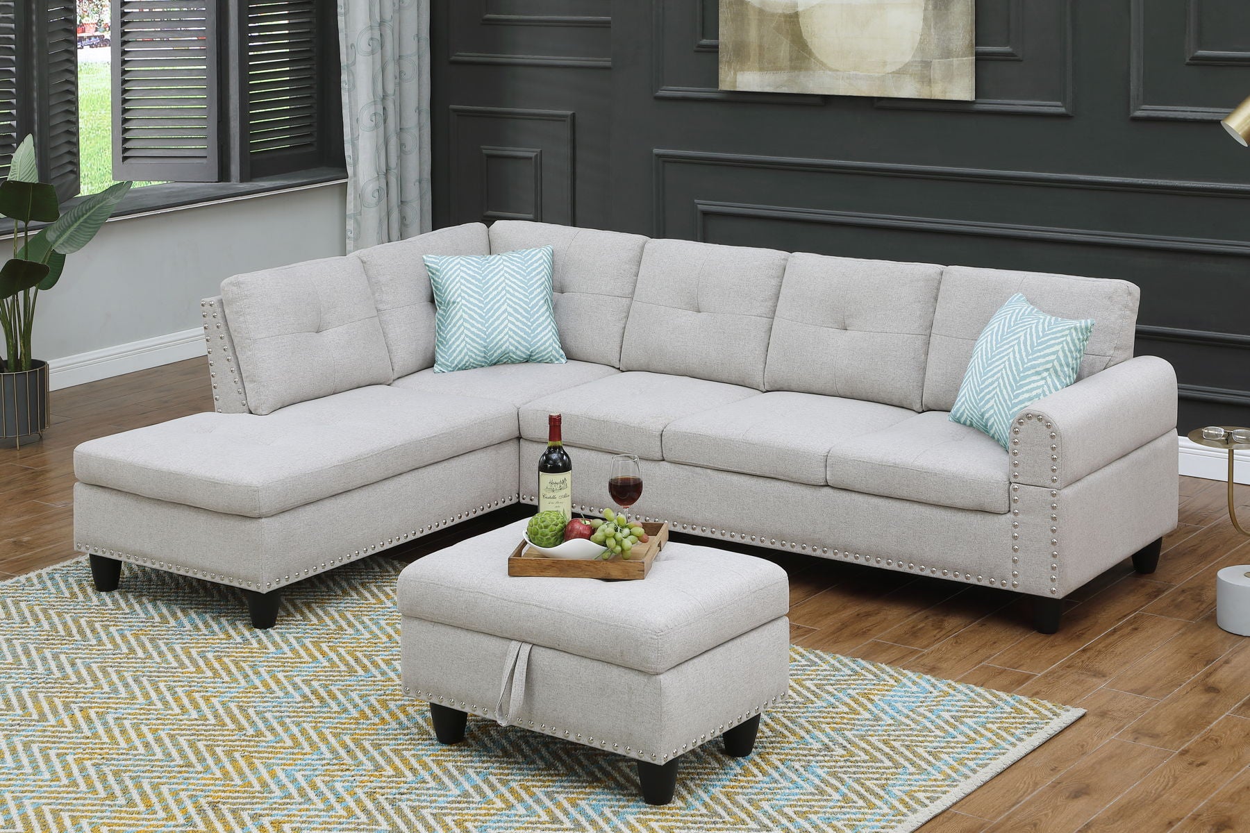 Alger - 98" Wide Left Hand Facing Sofa & Chaise With Ottoman