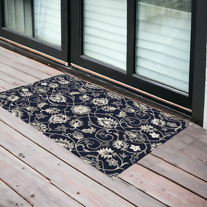 2' X 3' Hand Hooked UV Treated Floral Vines Indoor / Outdoor Accent Rug - Navy Blue