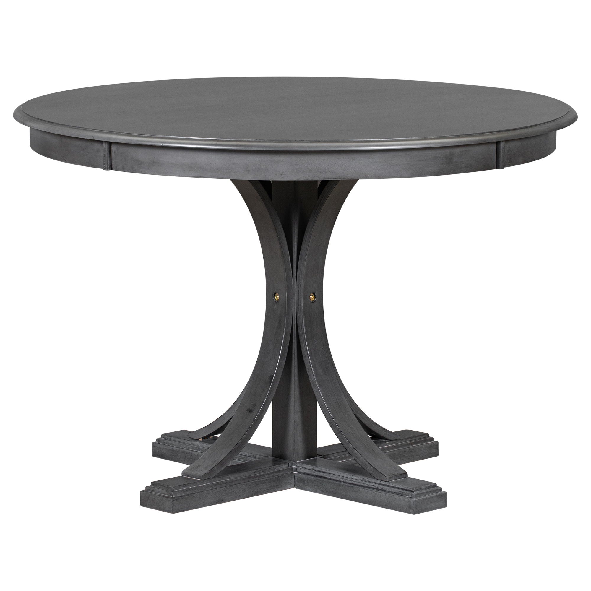 Retro Round Dining Table Set With Curved Trestle Style Table Legs And Upholstered Chairs For Dining Room