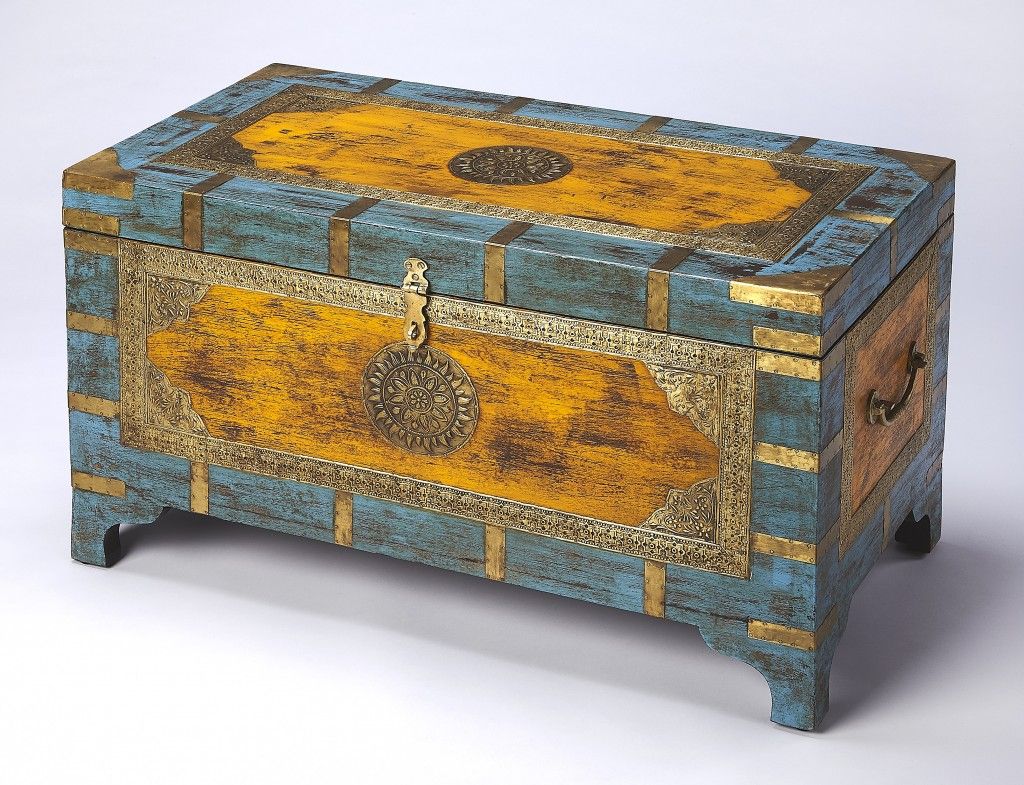 Hand Painted Brass Inlay Solid Wood Storage Trunk - Light Brown