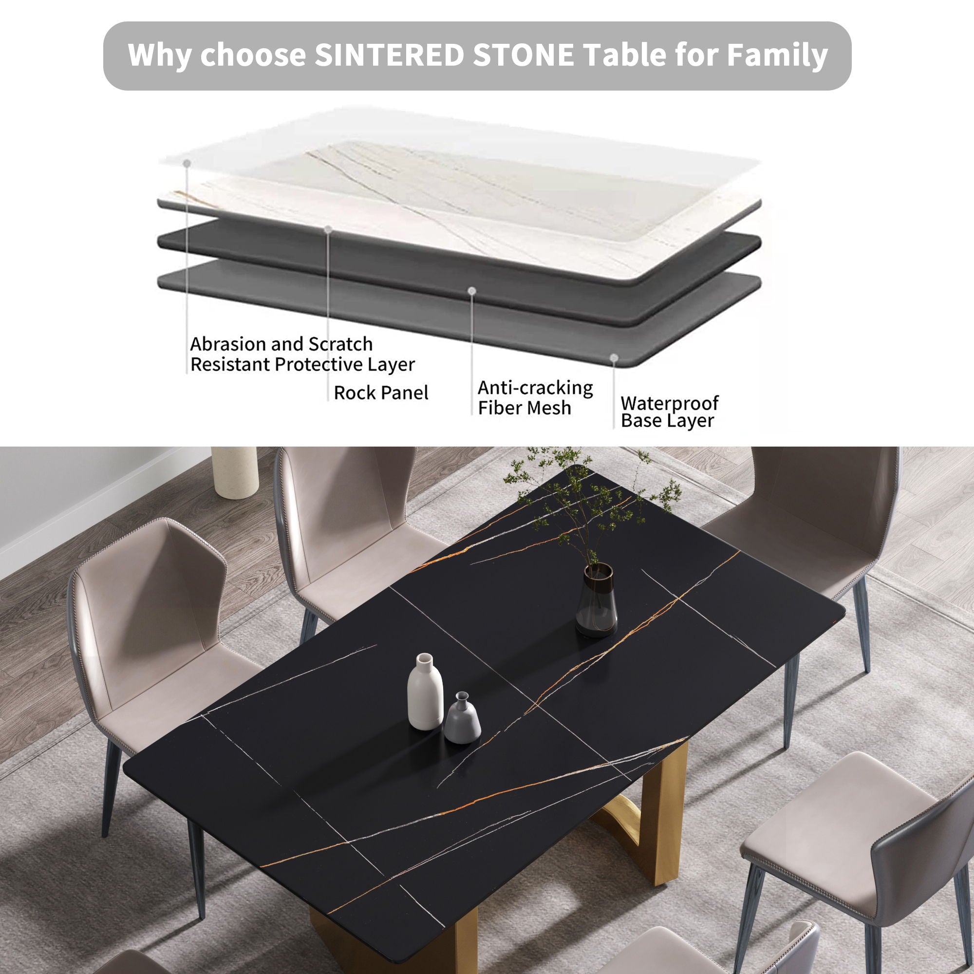 Modern Artificial Stone Black Straight Edge Metal Leg Dining Table