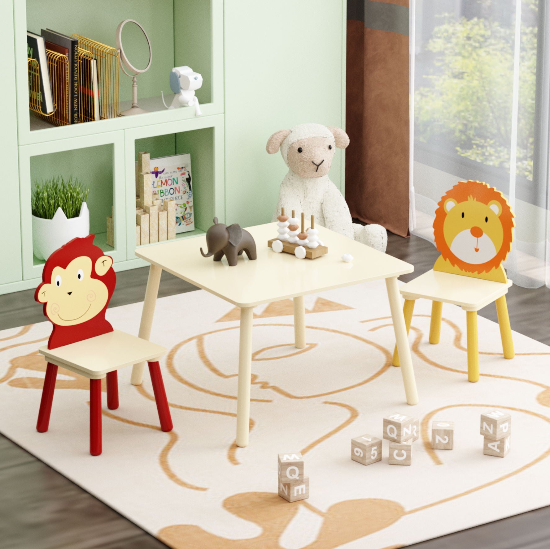 Kids Table And 2 Chairs Set, 3 Pieces Toddler Table And Chair Set, Wooden Activity Play Table Set (Lion&Monkey) - Natural