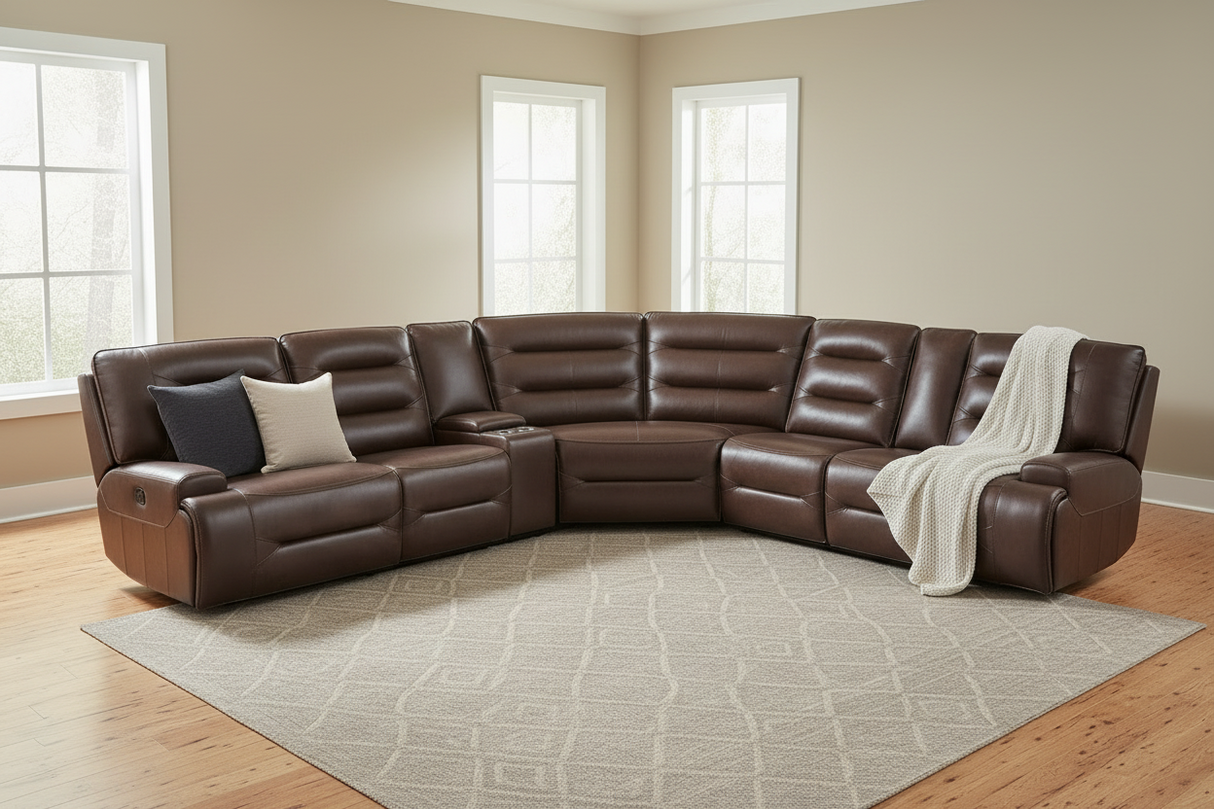 Brown Power Reclining Sectional Sofa with Storage Console — Top Grain Leather