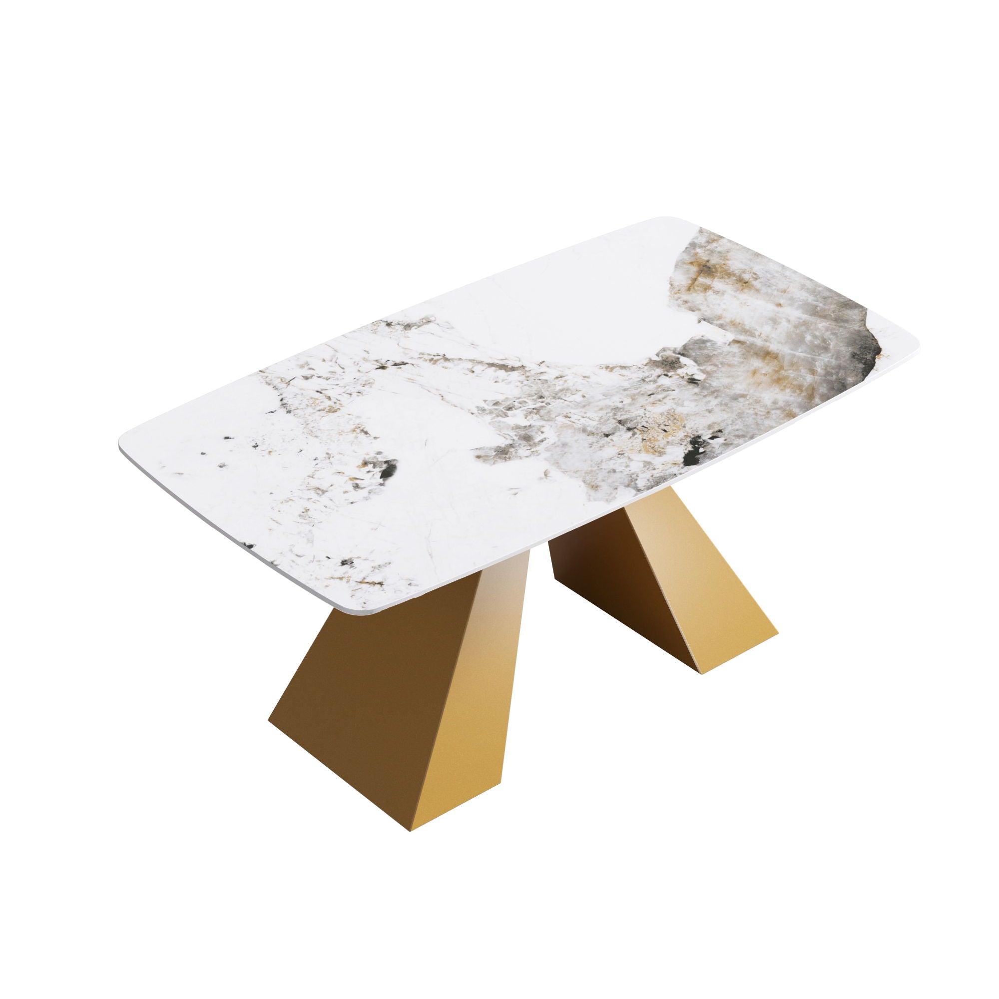 63" Modern Artificial Stone Pandora White Curved Metal Leg Dining Table, 6 People - Antique White / Gold