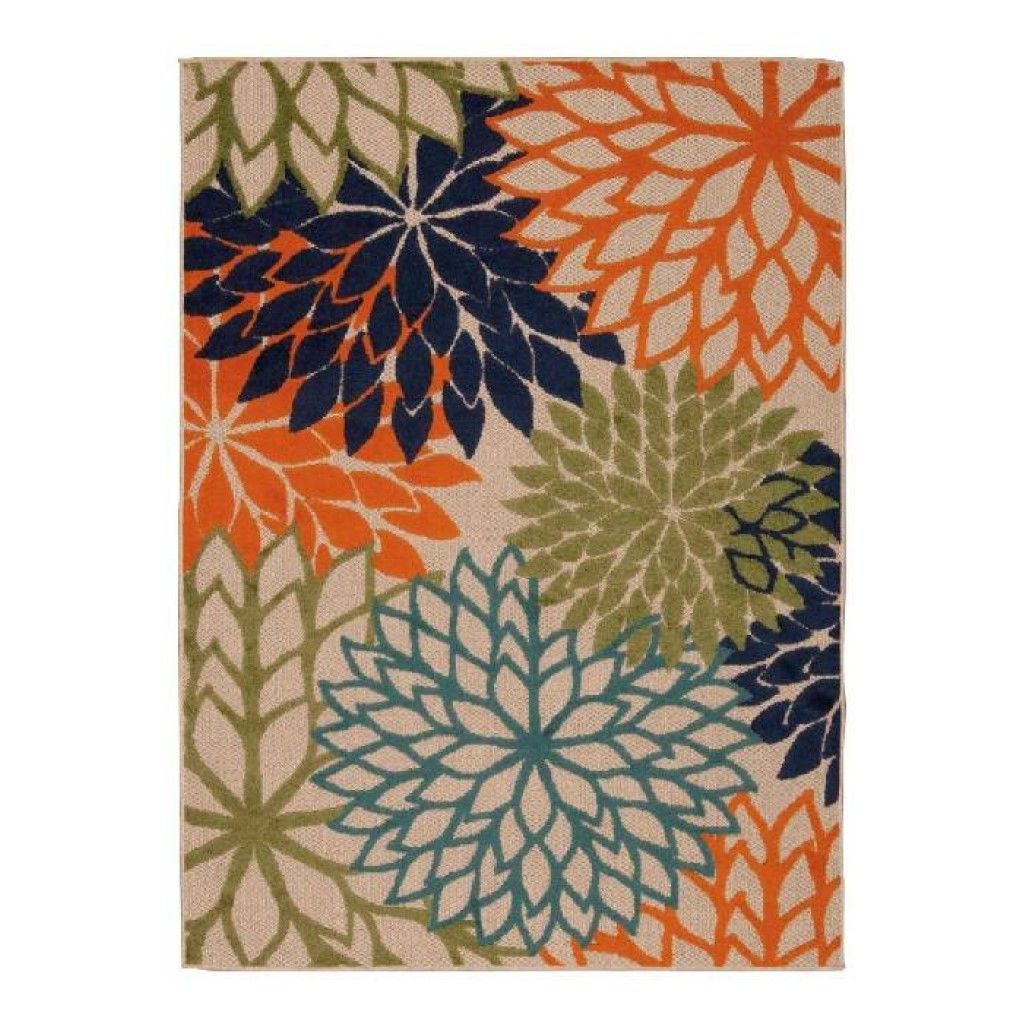 10' X 13' Floral Non Skid Indoor / Outdoor Area Rug - Orange Green / Blue