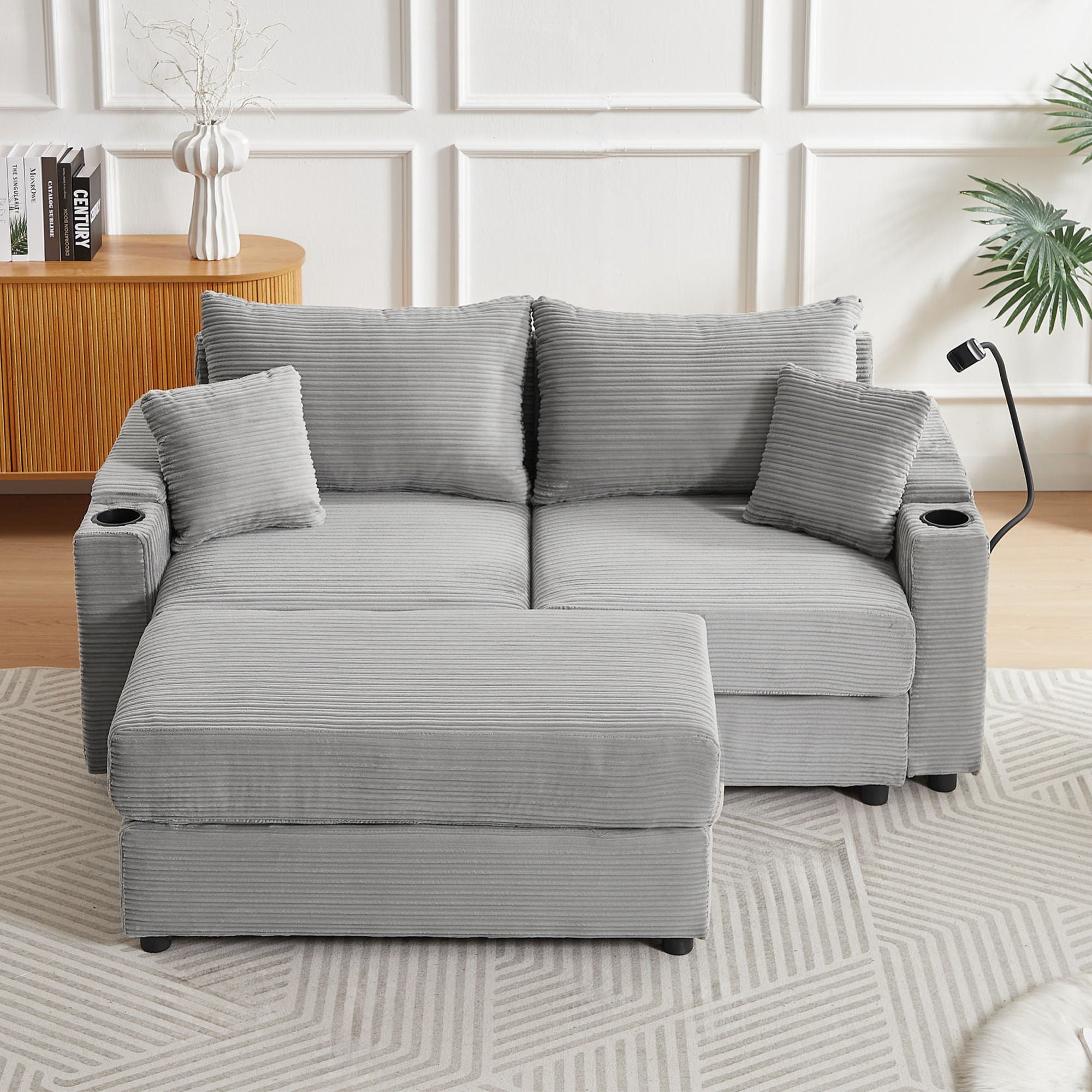 Modern Style Loveseat Sofa Sectional Sofa Couch With Storage Space, A Movable Ottoman, Two USB Ports, Two Cup Holders, A Phone Holder For Living Room