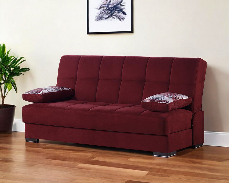 Sleeper Sofa Chenille And Toss Pillows With Brown Legs - Red