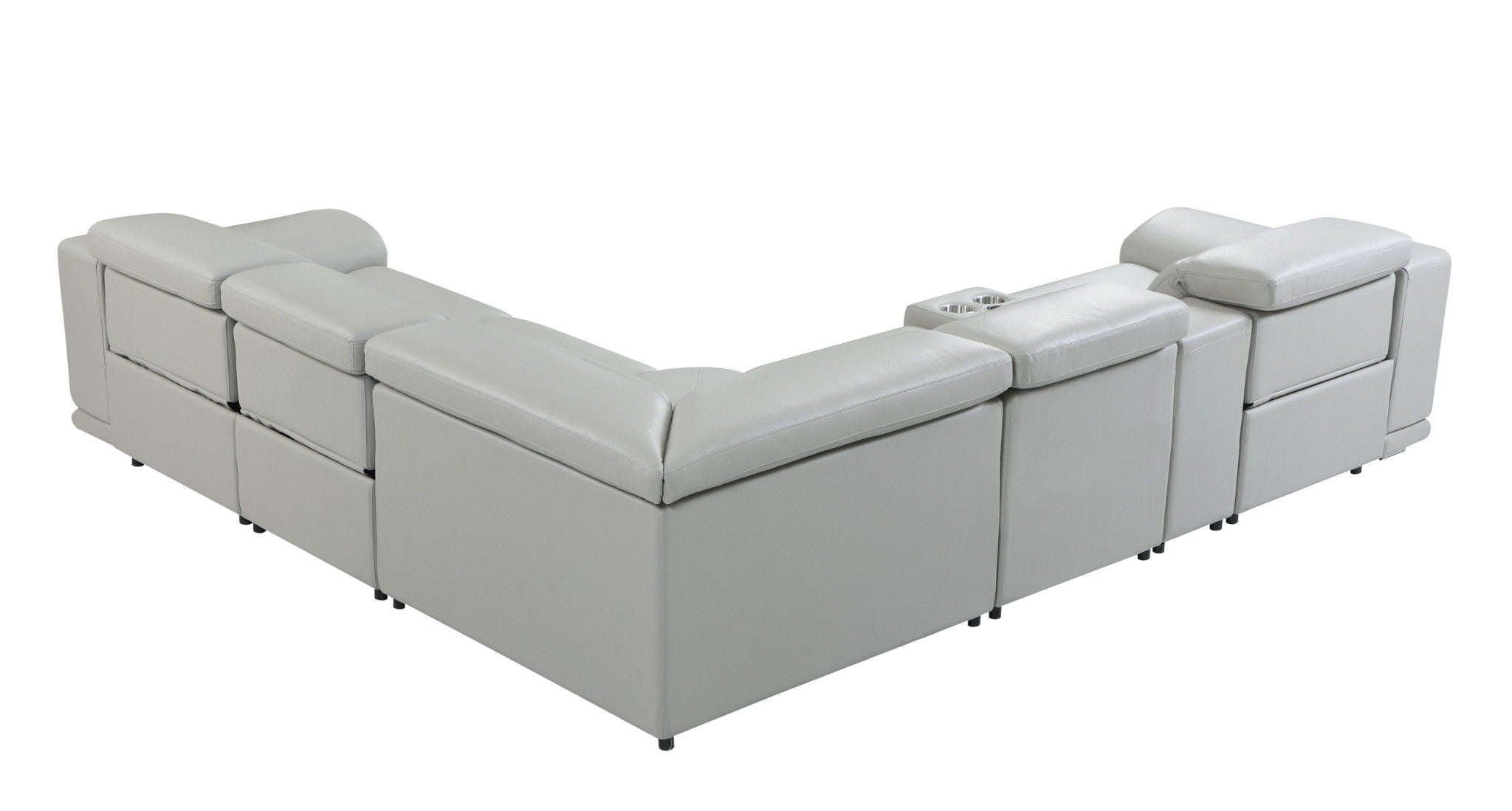 Italian Leather Power Reclining U Shaped Six Piece Corner Sectional With Console - Light Gray