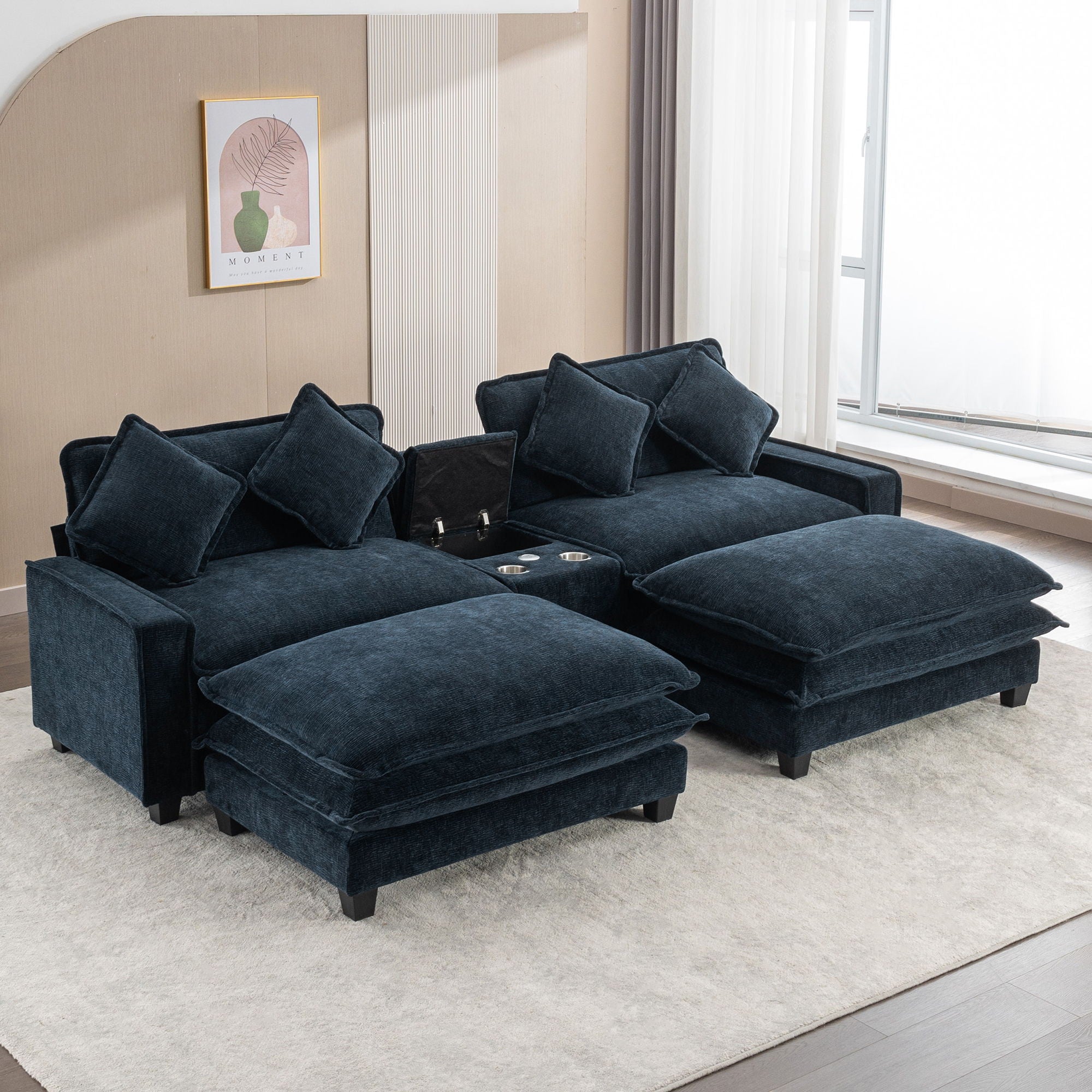 Sectional Sofa Chenille Upholstered Sofa With Two Removable Ottoman, Two USB Ports, Two Cup Holders And Large Storage Box For Living Room