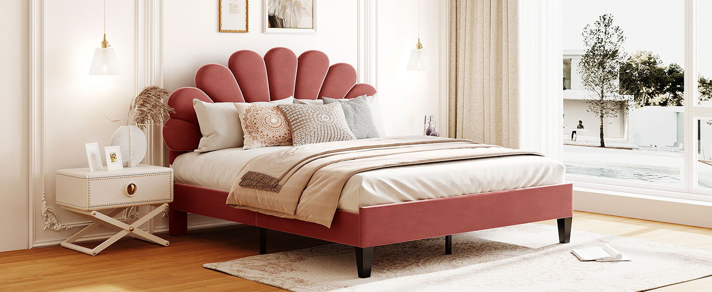 Upholstered Platform Bed With Flower Pattern Velvet Headboard