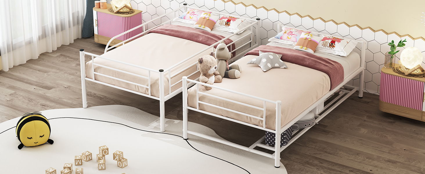 Twin Over Twin Metal Bunk Bed With Shelf And Guardrails