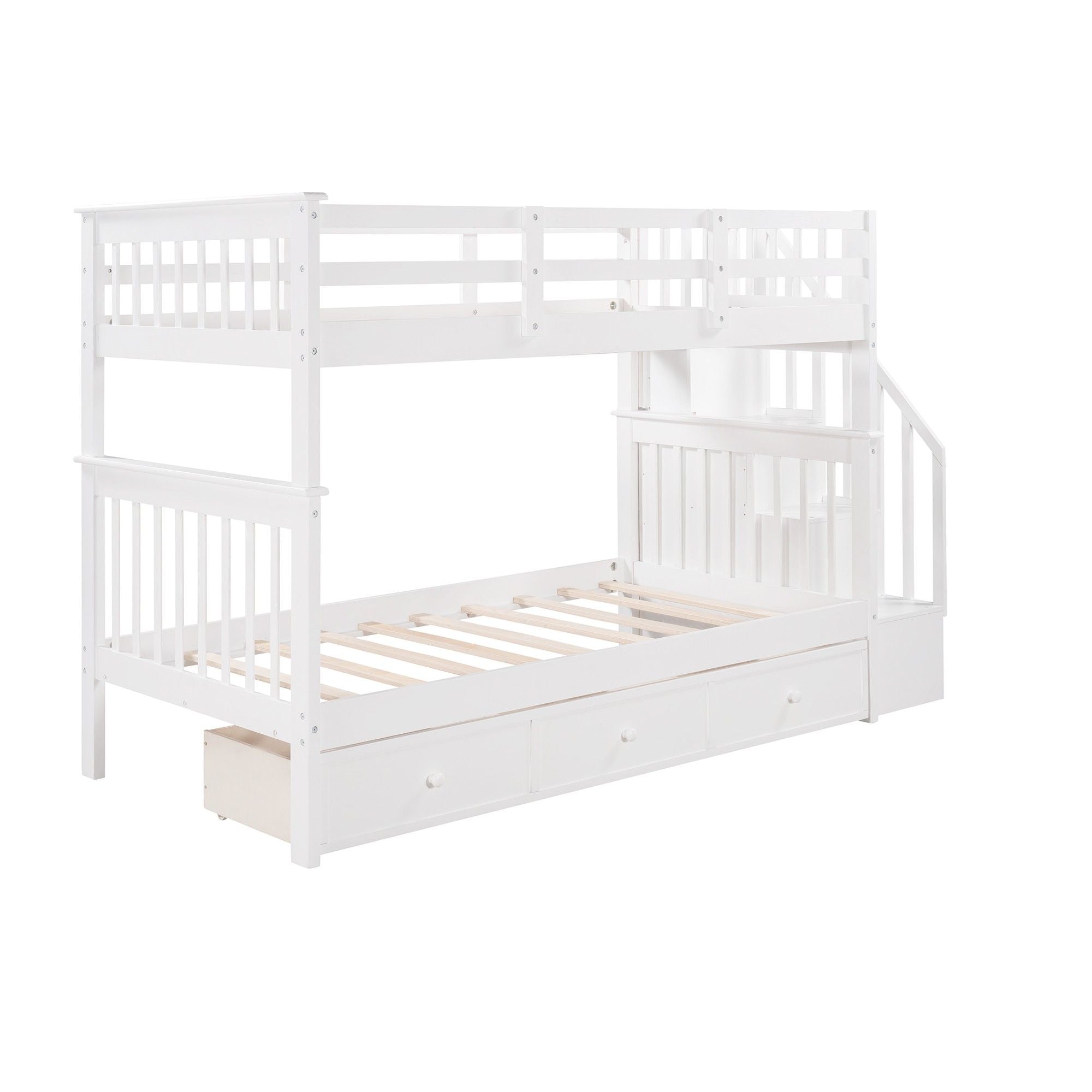 Twin Over Twin Bunk Bed with Stairway and Drawers - White