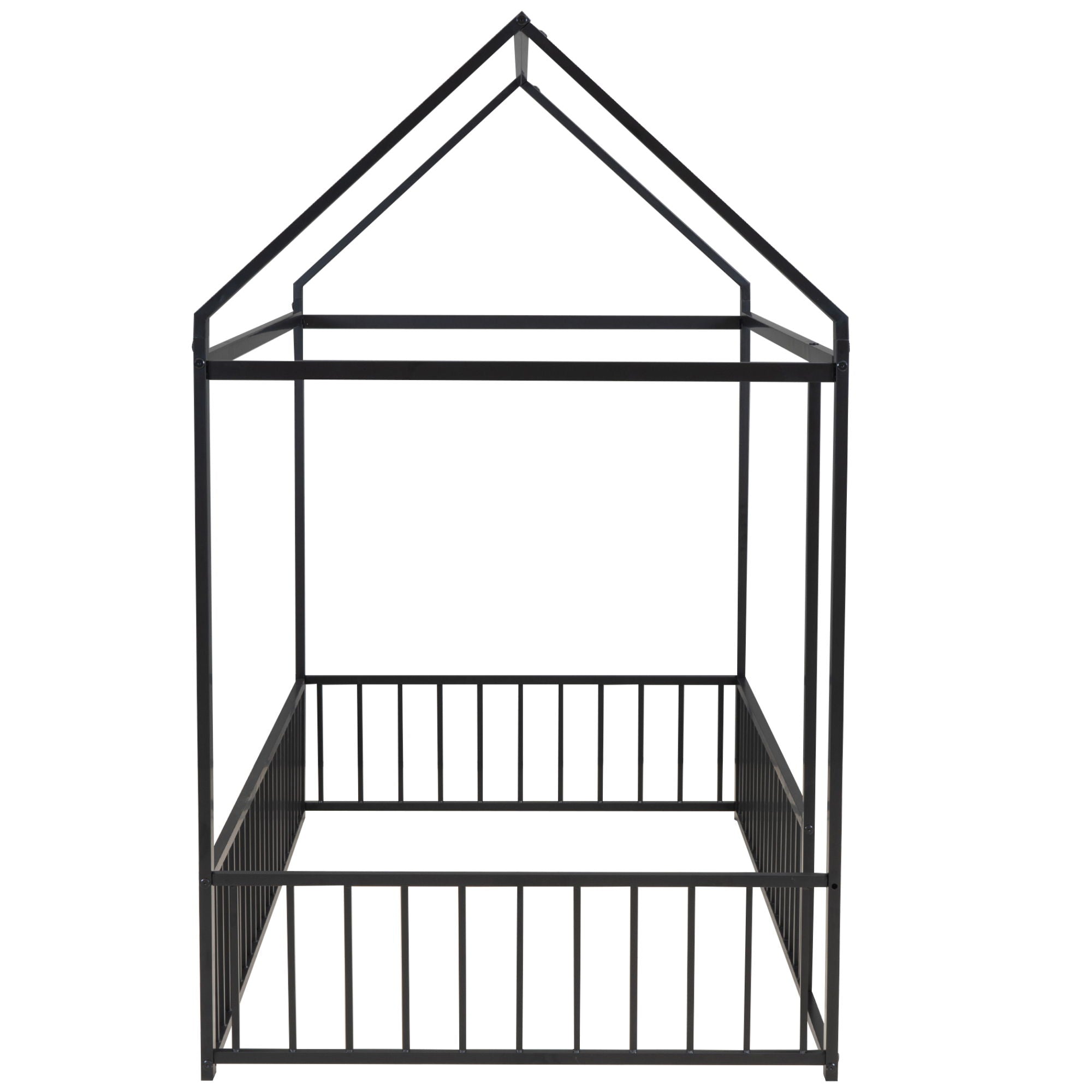 Twin Size Metal Bed House Bed Frame With Fence, For Kids, Teens, Girls, Boys