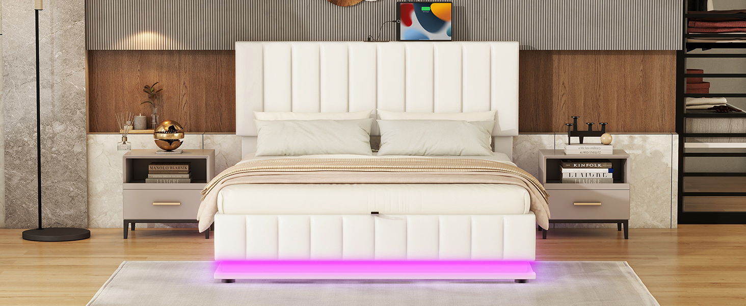 Queen Size Upholstered Bed With Hydraulic Storage System And LED Light, Modern Platform Bed With Sockets And USB Ports