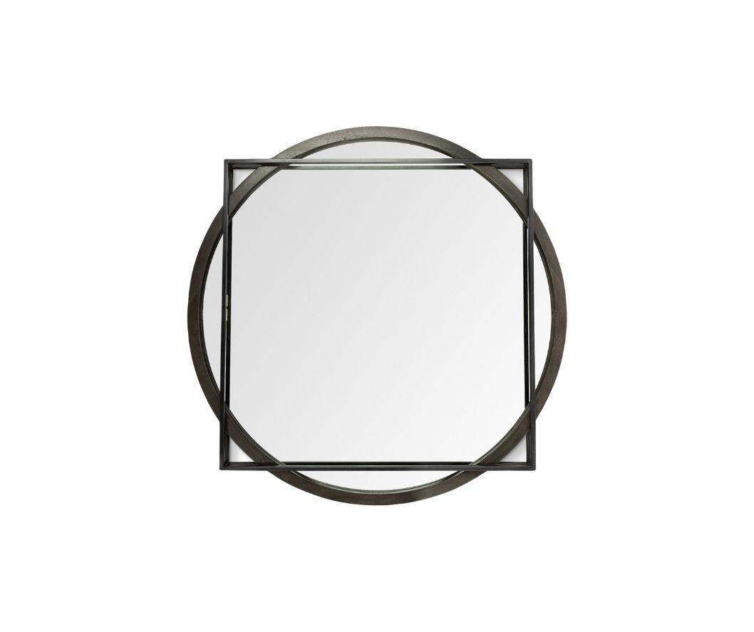 46" Round On Square Wood And Metal Frame Wall Mirror - Black