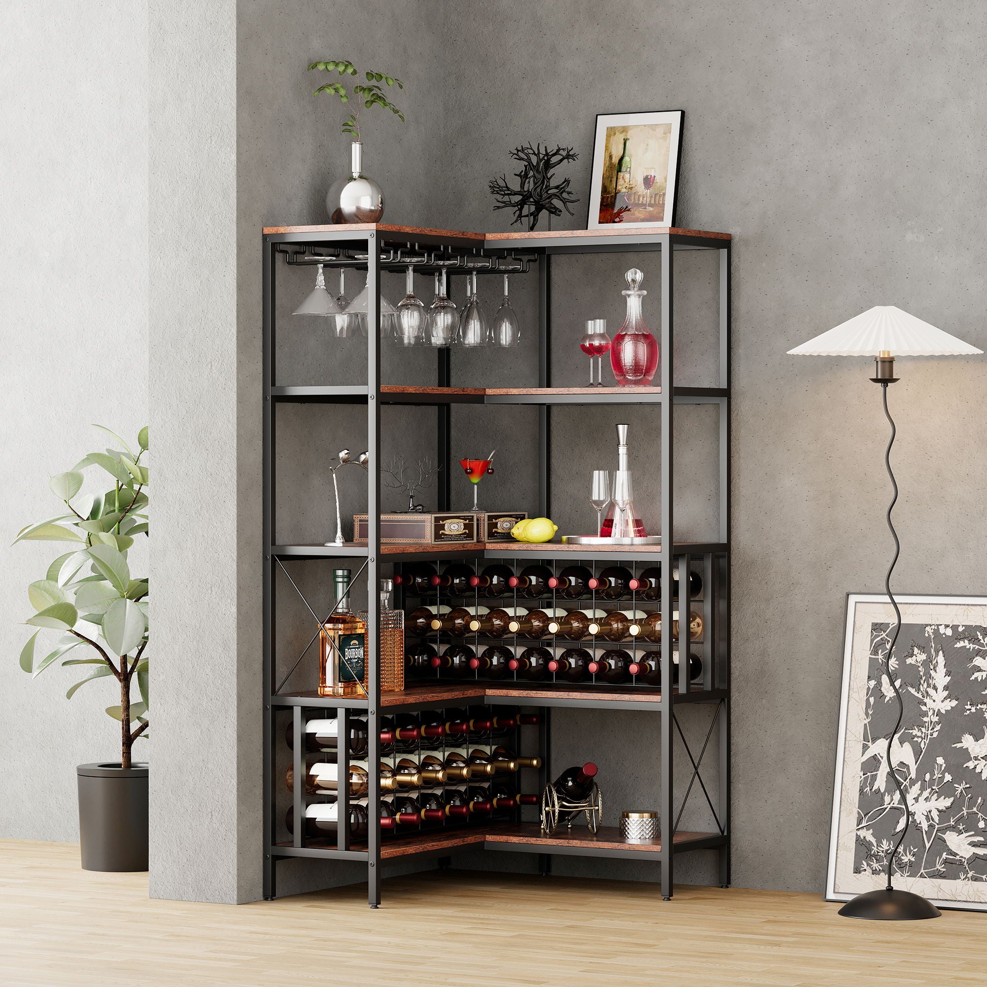 Corner Wine Rack Bar Cabinet Industrial Freestanding Floor Bar Cabinets For Liquor And Glasses Storage For Home Kitchen - Walnut / Black