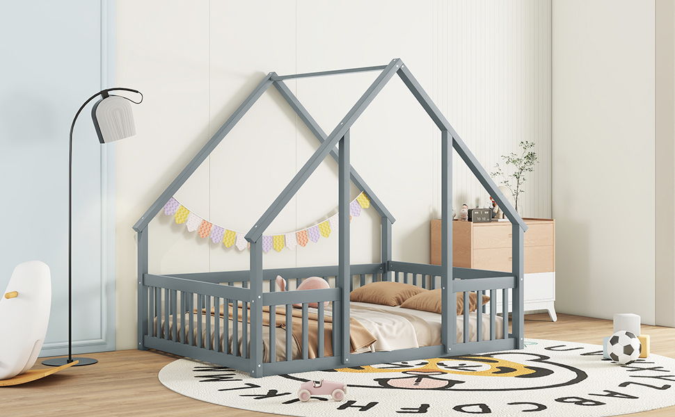 Wood House-Shaped Floor Bed With Fence, Guardrails