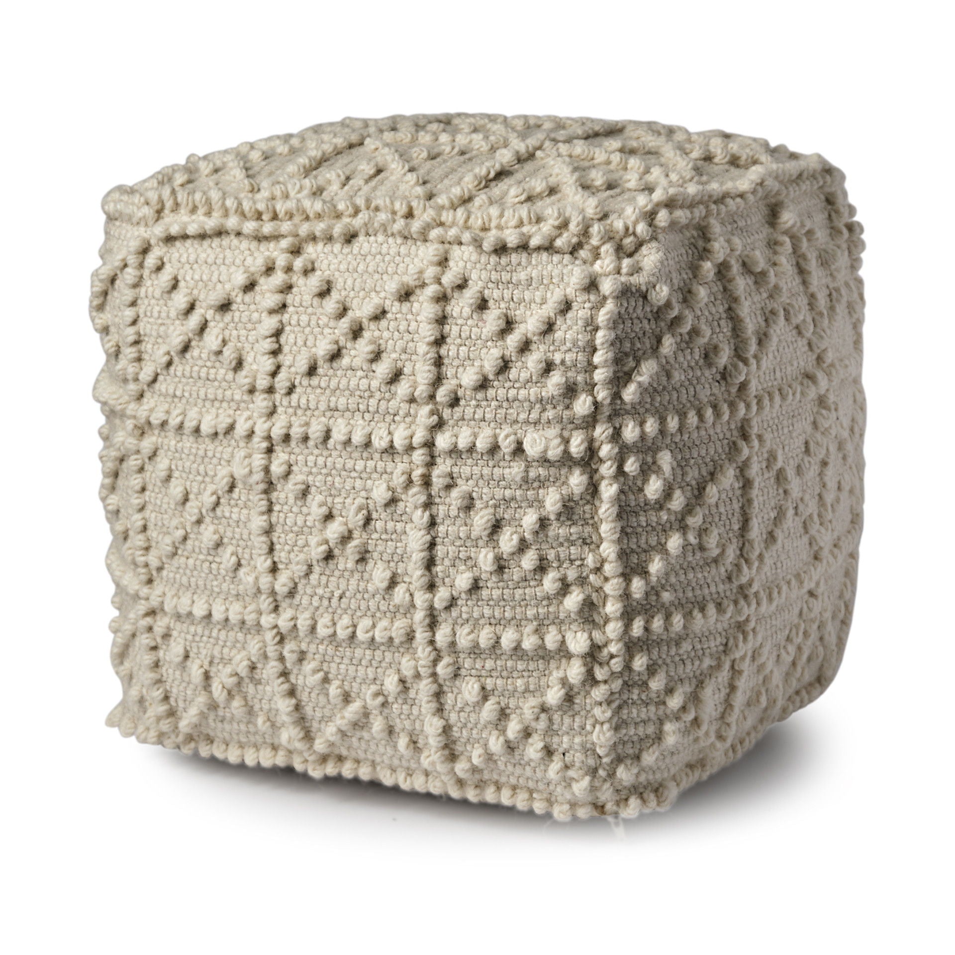 Wool Sqaure Pouf With Popcorn Detail - Ivory