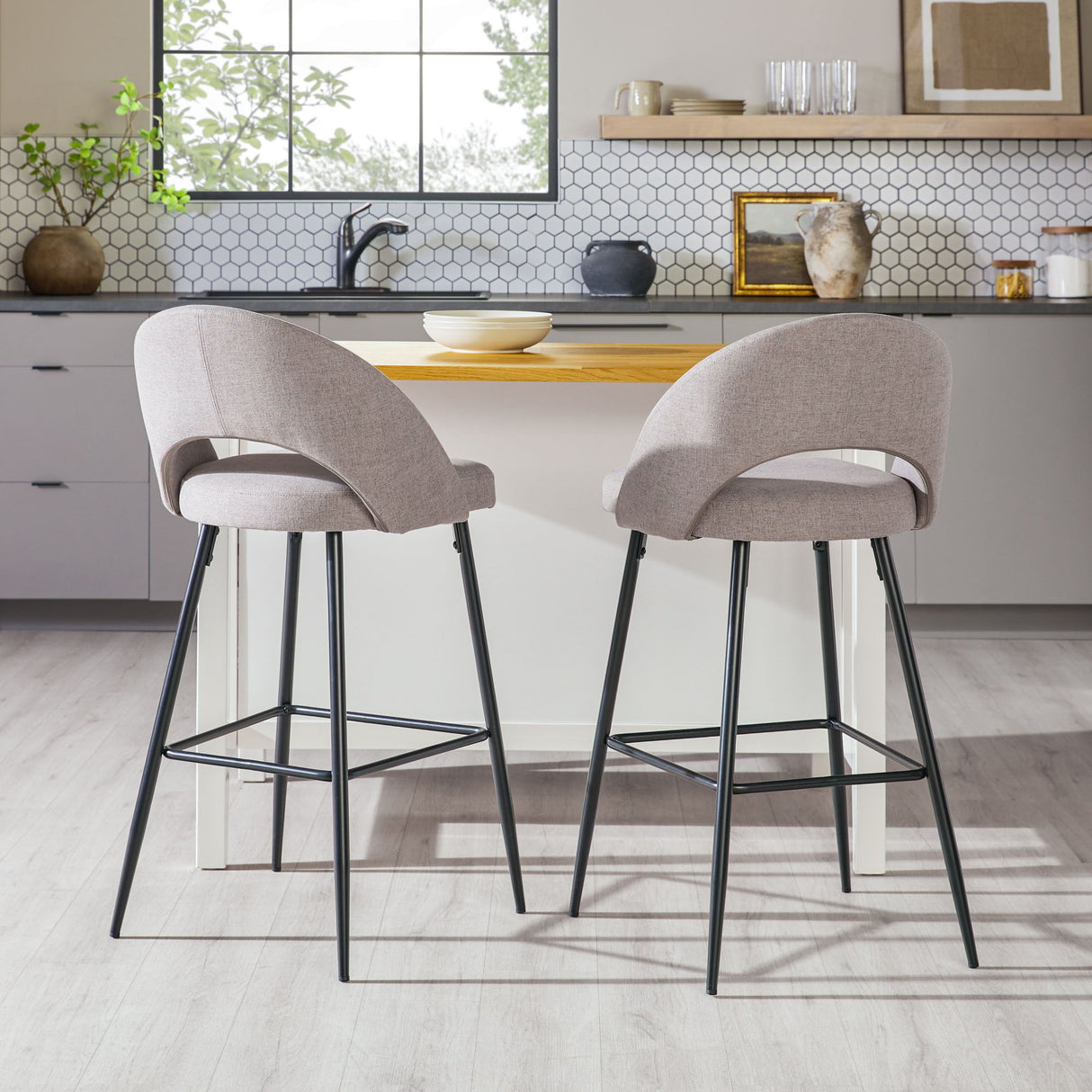 Modern 2 Piece Minimalist Upholstered Bar Stool Set - Mushroom by Walker Edison | Bel Furniture