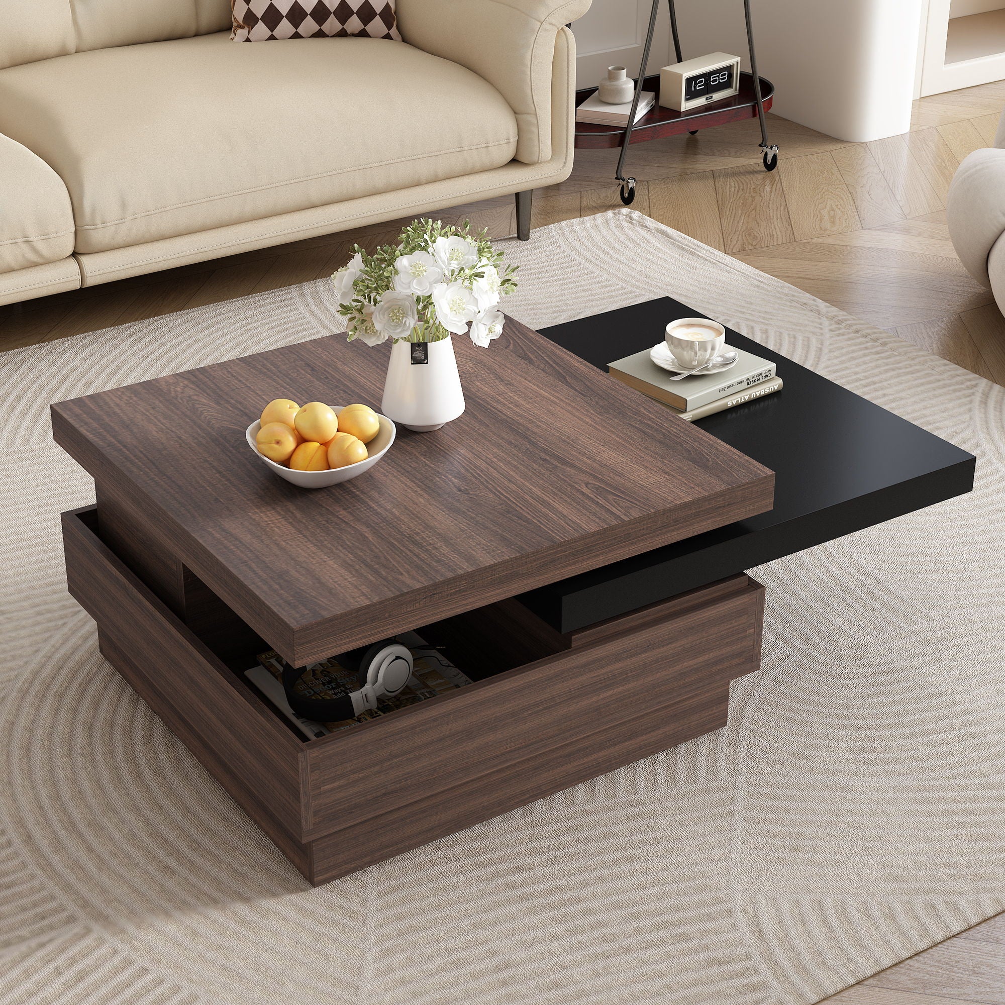 Rotatable Top Coffee Table, Modern Square Coffee Table With Wood Grain Design, 1 Hidden Storage Space For Living Room